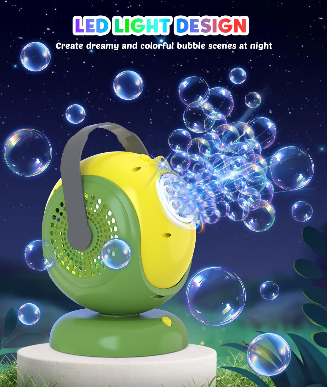 Joyfuture Bubble Machine - 360° Rotation, 75° Tilt, LED Glow, Portable Bubble Blower for Kids