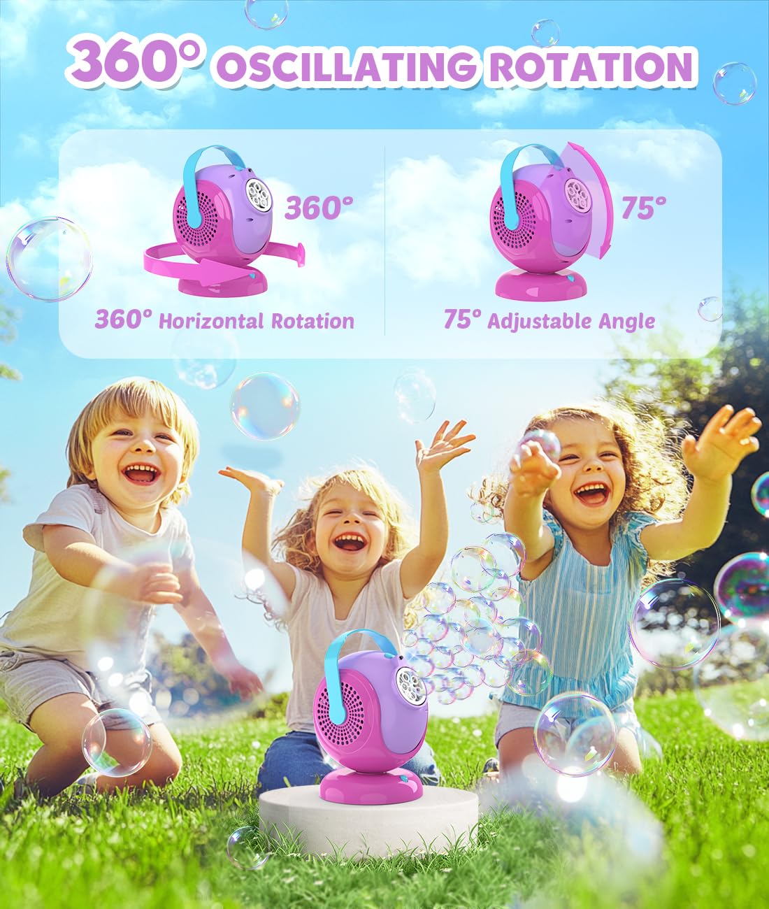 Joyfuture Bubble Machine - 360° Rotation, 75° Tilt, LED Bubble Blower for Kids & Outdoor Parties