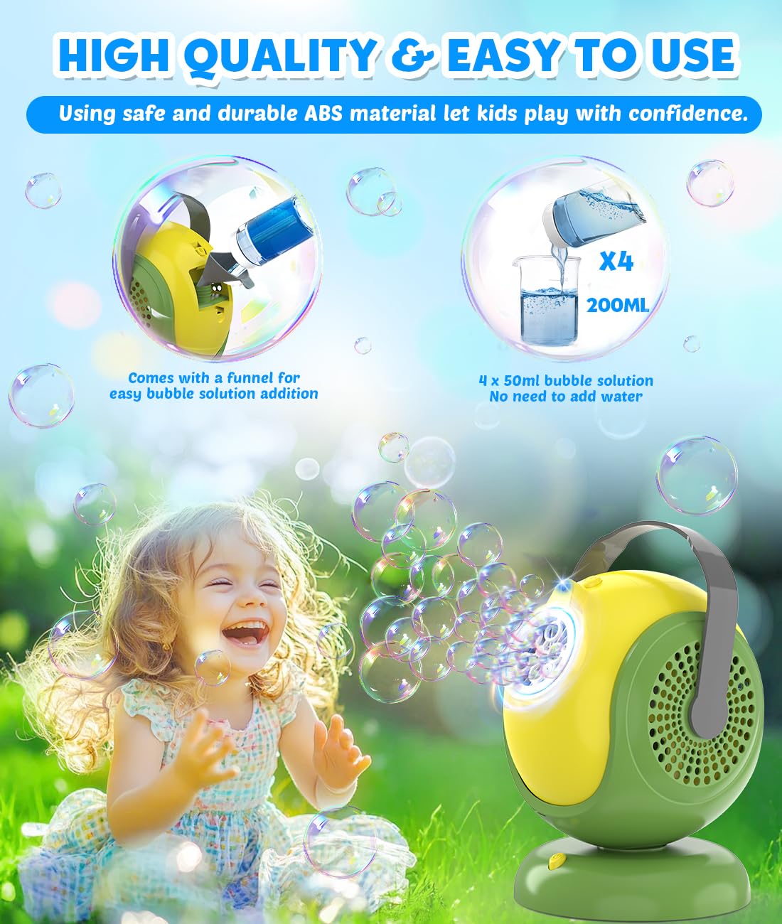 Joyfuture Bubble Machine - 360° Rotation, 75° Tilt, LED Glow, Portable Bubble Blower for Kids
