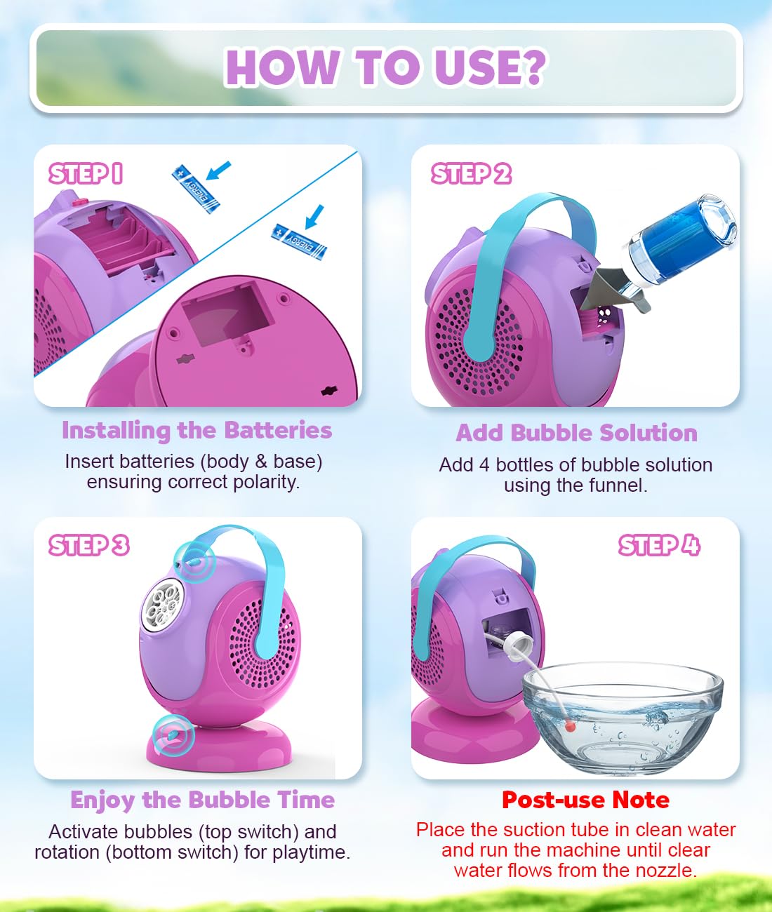 Joyfuture Bubble Machine - 360° Rotation, 75° Tilt, LED Bubble Blower for Kids & Outdoor Parties