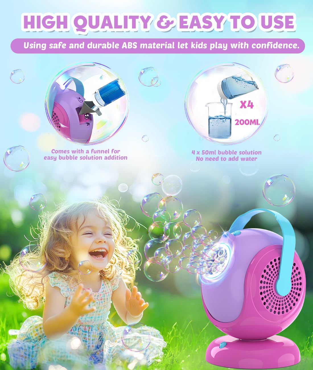 Joyfuture Bubble Machine - 360° Rotation, 75° Tilt, LED Bubble Blower for Kids & Outdoor Parties