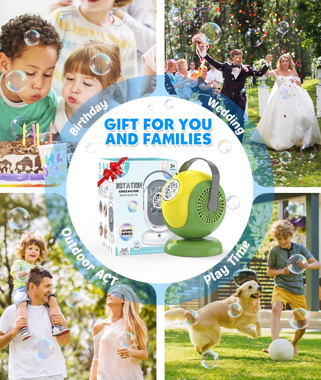 Joyfuture Bubble Machine - 360° Rotation, 75° Tilt, LED Glow, Portable Bubble Blower for Kids