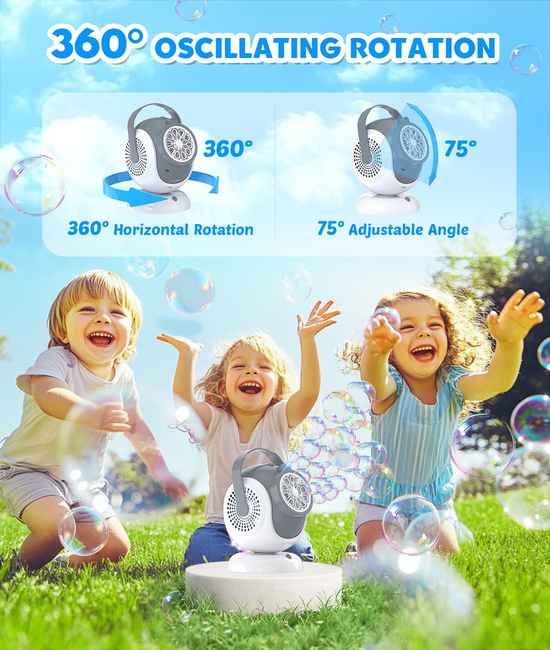 Joyfuture Rechargeable Bubble Machine – 360-degree Rotation, 75-degree Tilt, 10 Large Wands