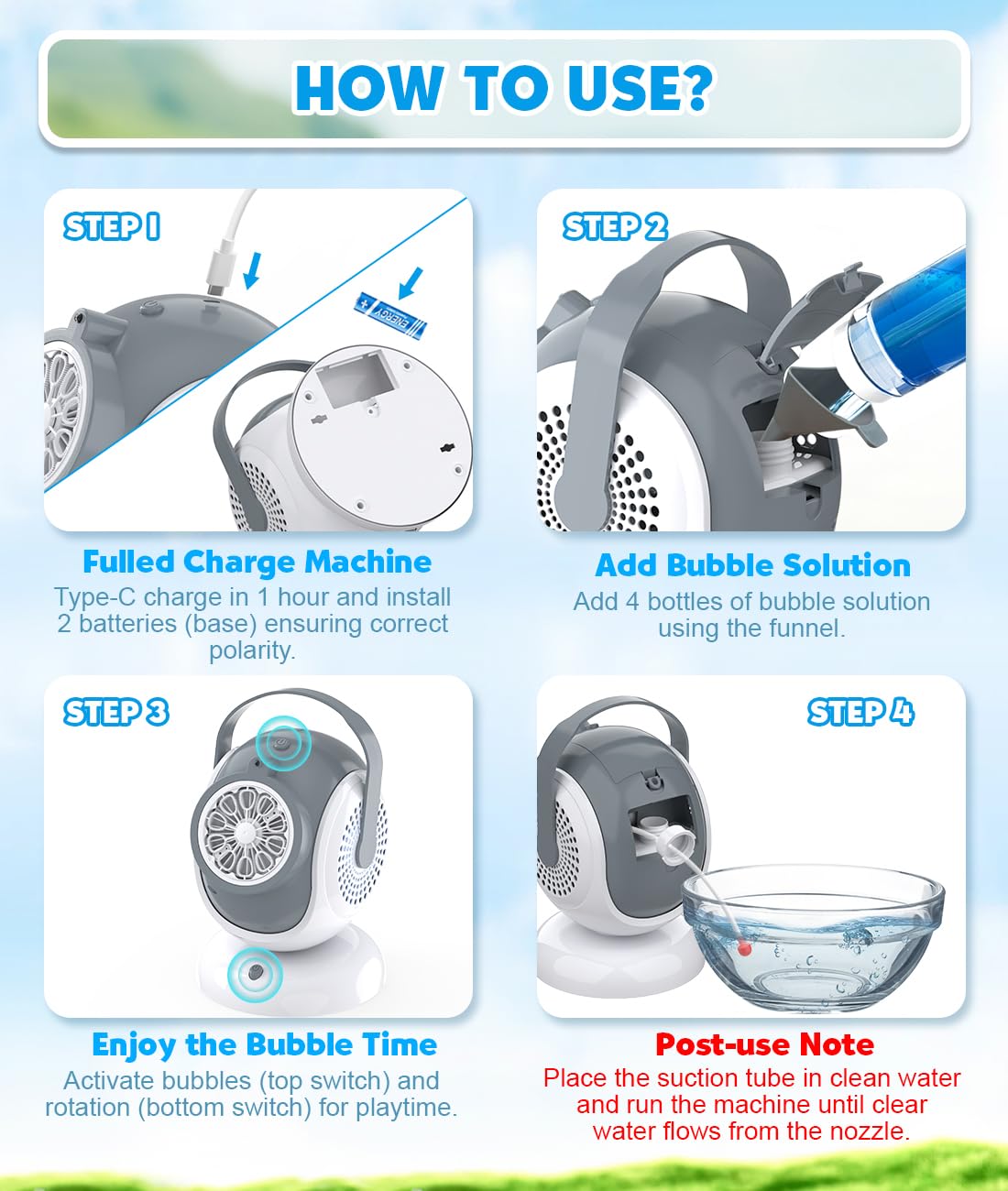 Joyfuture Rechargeable Bubble Machine – 360-degree Rotation, 75-degree Tilt, 10 Large Wands