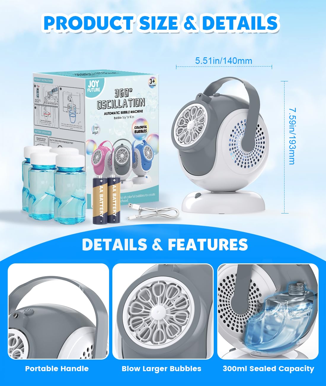 Joyfuture Rechargeable Bubble Machine – 360-degree Rotation, 75-degree Tilt, 10 Large Wands