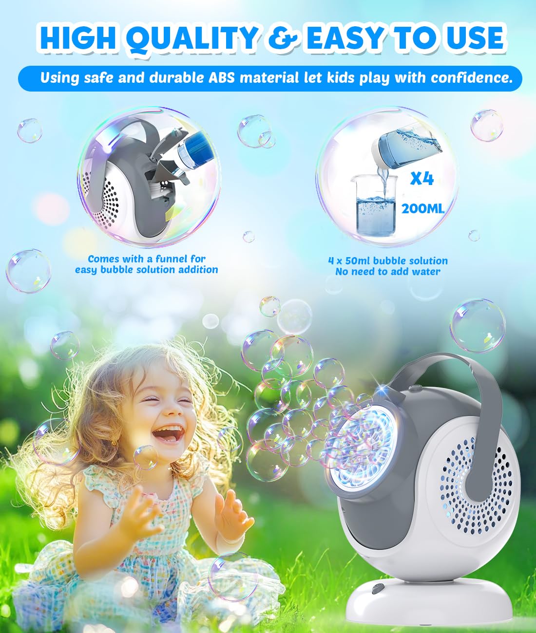 Joyfuture Rechargeable Bubble Machine – 360-degree Rotation, 75-degree Tilt, 10 Large Wands