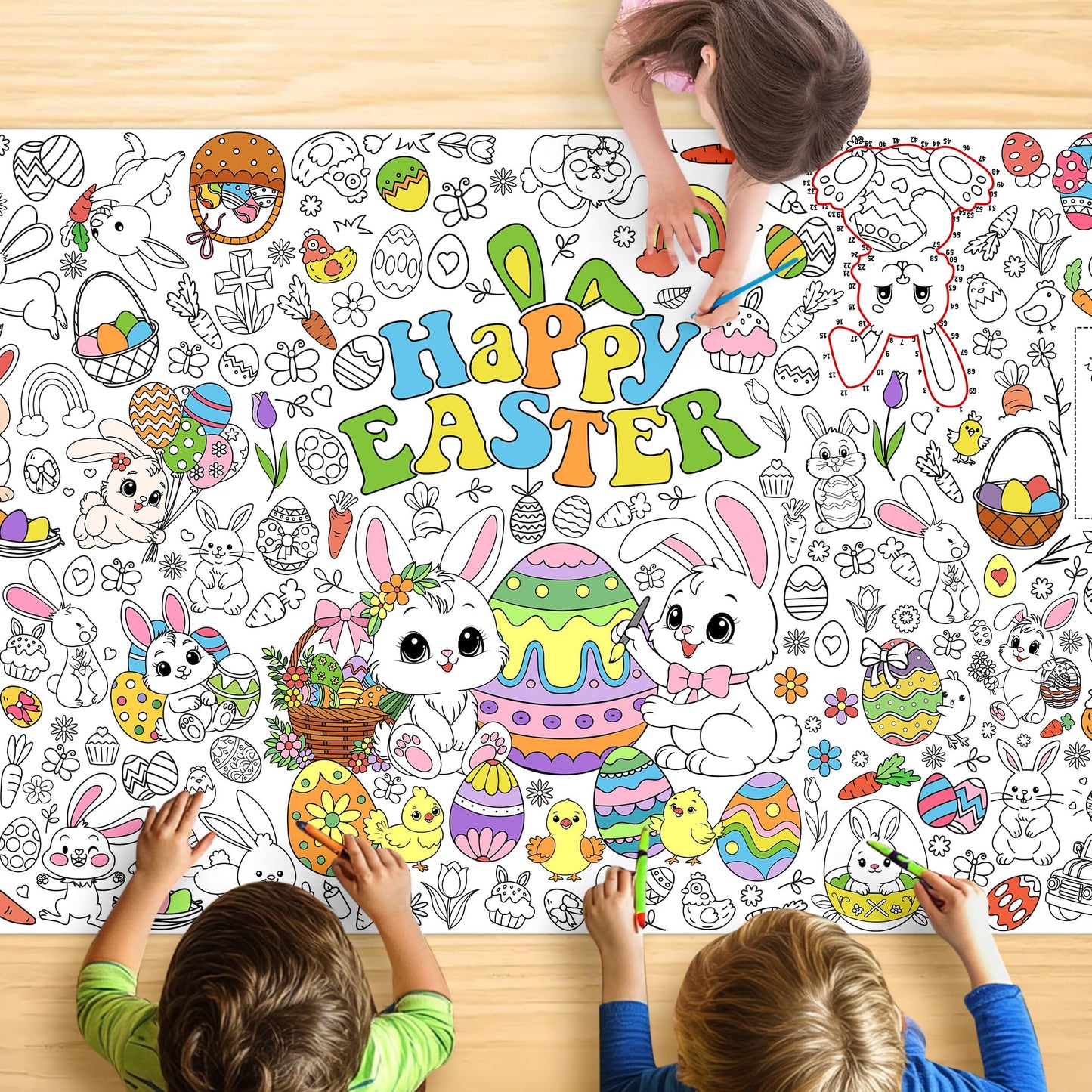 JOYGATHER Easter Coloring Tablecloth for Kids – Large 72x30 Inch Poster with Bunnies, Eggs, Flowers