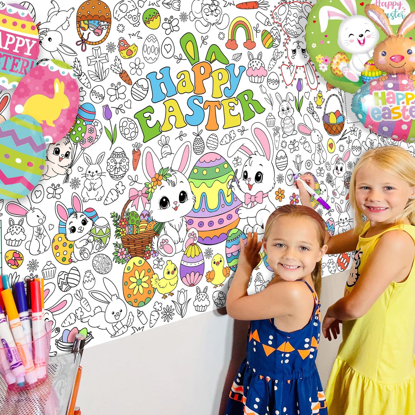 JOYGATHER Easter Coloring Tablecloth for Kids – Large 72x30 Inch Poster with Bunnies, Eggs, Flowers