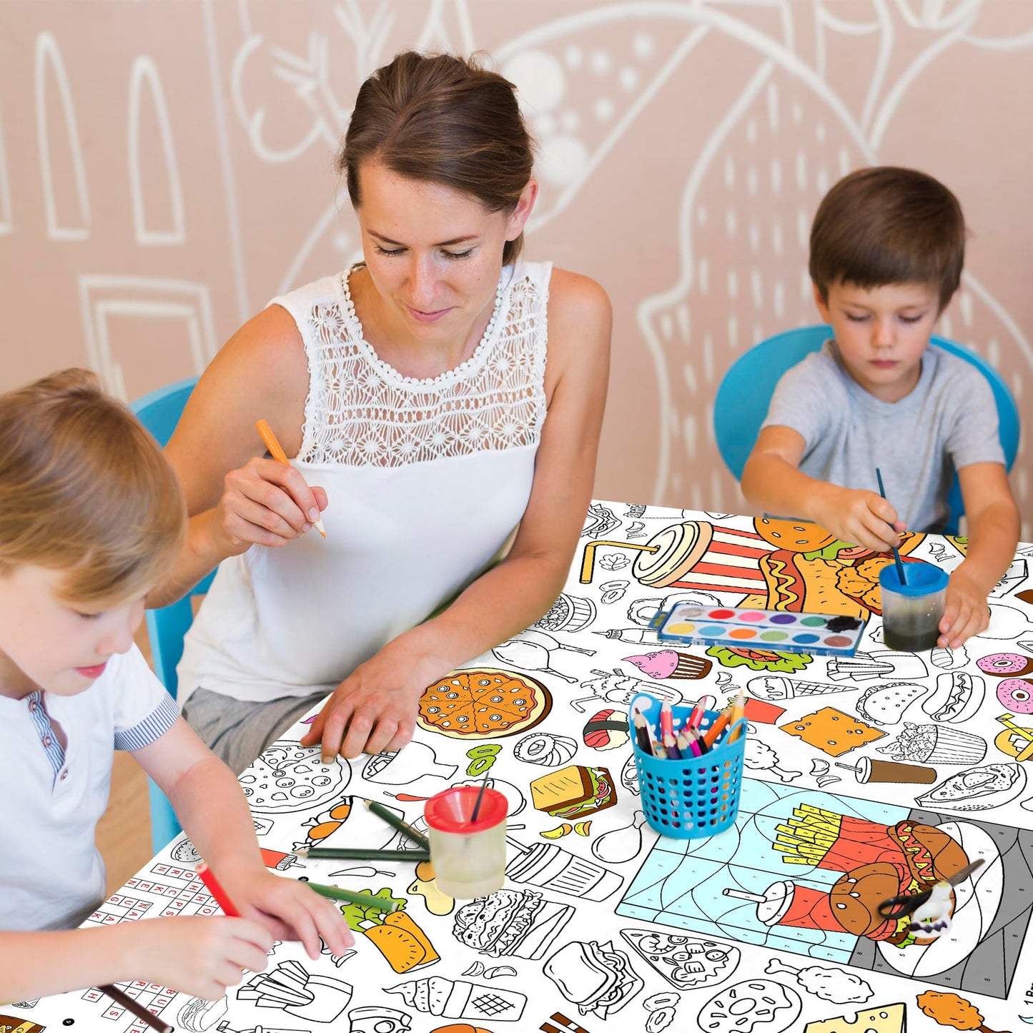 JOYGATHER Groovy Coloring Tablecloth – 72x30 in Kids Poster with Peace Signs & Daisy Retro Designs
