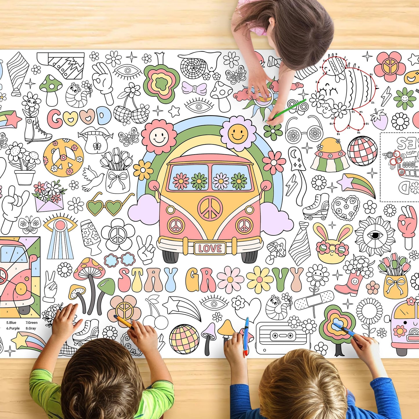 JOYGATHER Groovy Coloring Tablecloth – 72x30 in Kids Poster with Peace Signs & Daisy Retro Designs