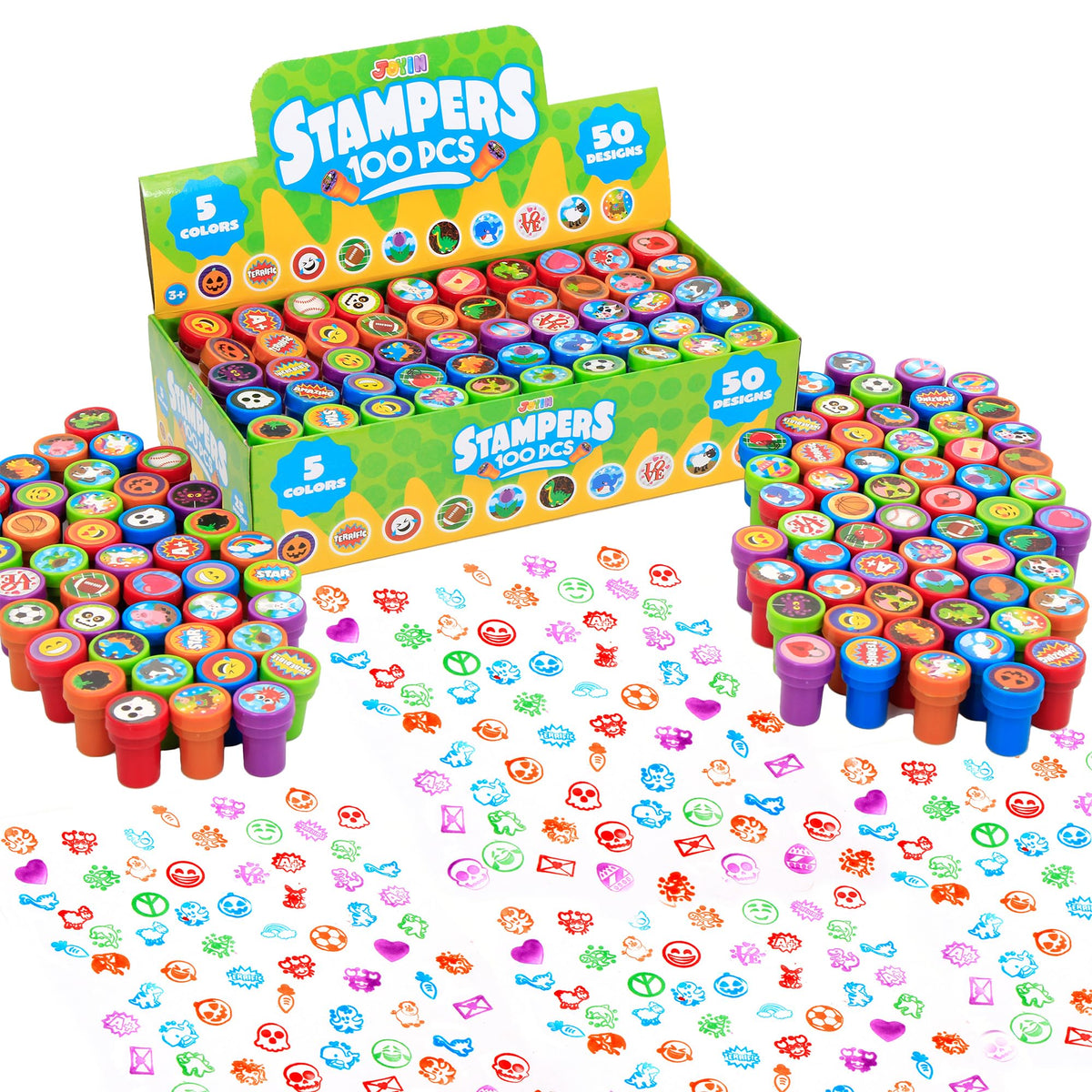 JOYIN 100 Pcs Self-Ink Stamps Set – 50 Designs for Kids, Party Favors, Classroom Prizes