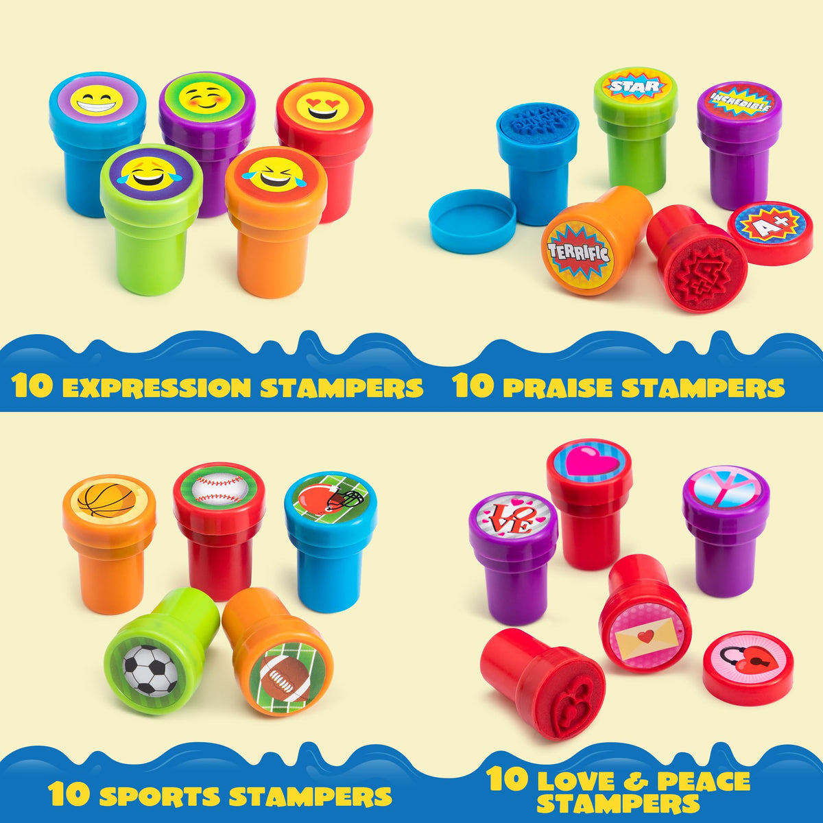 JOYIN 100 Pcs Self-Ink Stamps Set – 50 Designs for Kids, Party Favors, Classroom Prizes