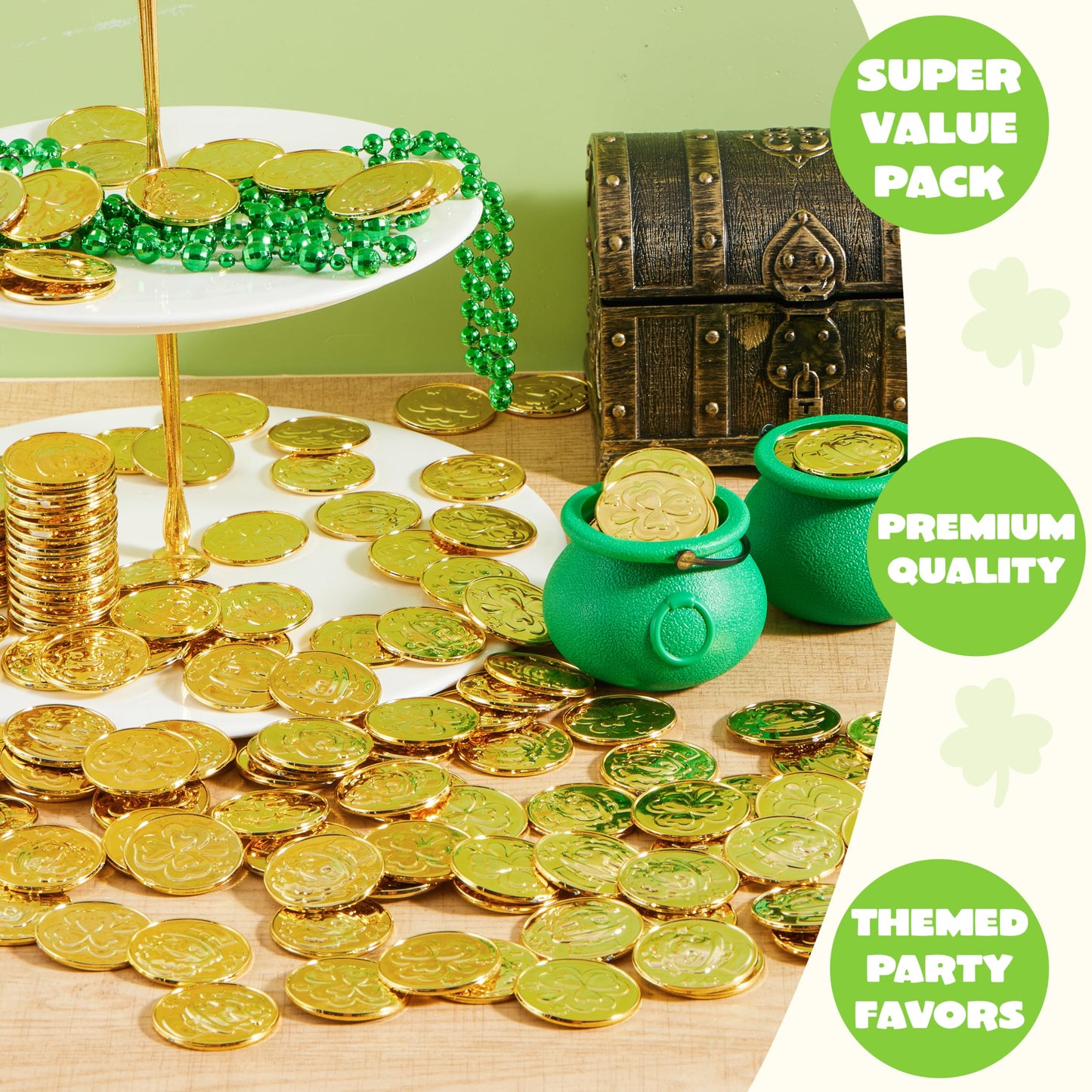 JOYIN 120 Pcs St. Patrick’s Day Gold Coins – Plastic Coins with Shamrock & Leprechaun Designs