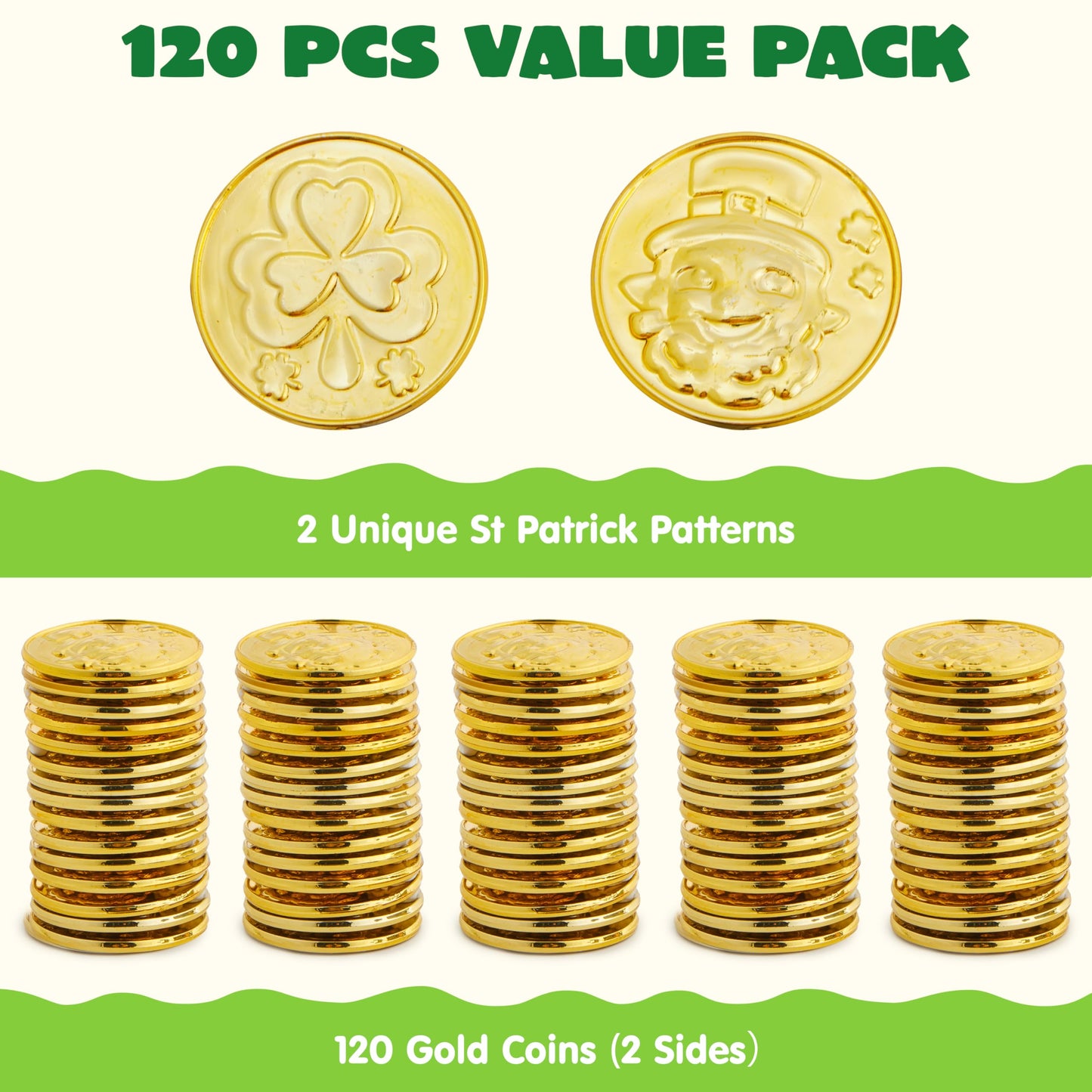 JOYIN 120 Pcs St. Patrick’s Day Gold Coins – Plastic Coins with Shamrock & Leprechaun Designs