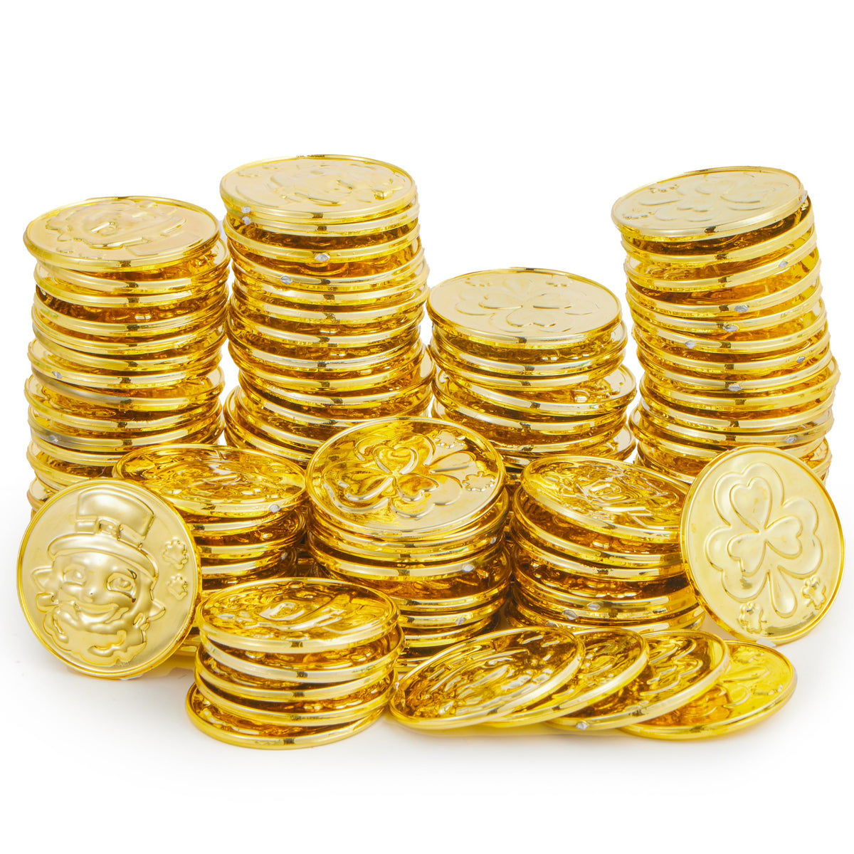 JOYIN 120 Pcs St. Patrick’s Day Gold Coins – Plastic Coins with Shamrock & Leprechaun Designs