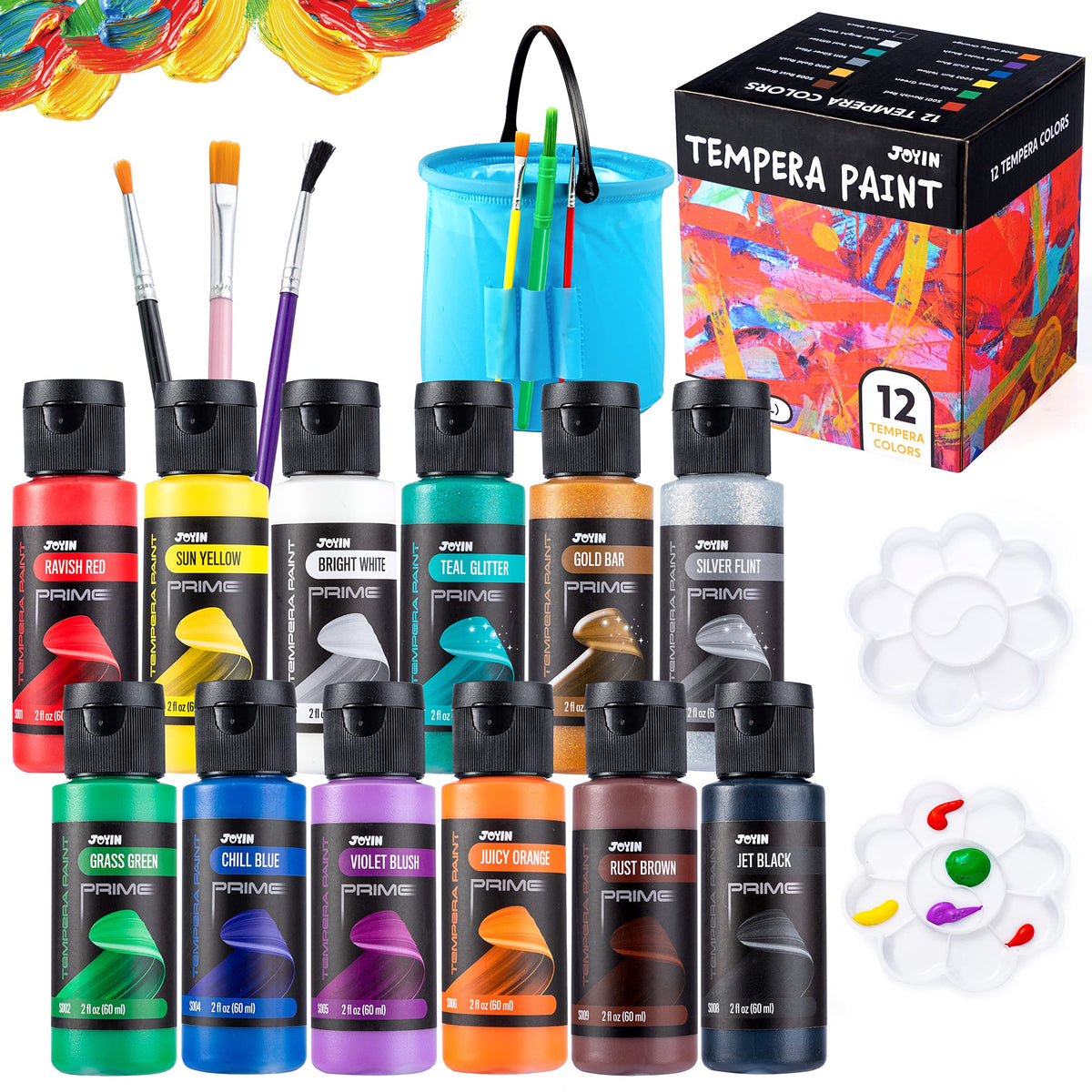 JOYIN 12-Pcs Washable Kids Tempera Paint Set – 2 oz Bottles, 6 Brushes, 2 Palettes, 1 Foldable Washing Bucket – Non-Toxic