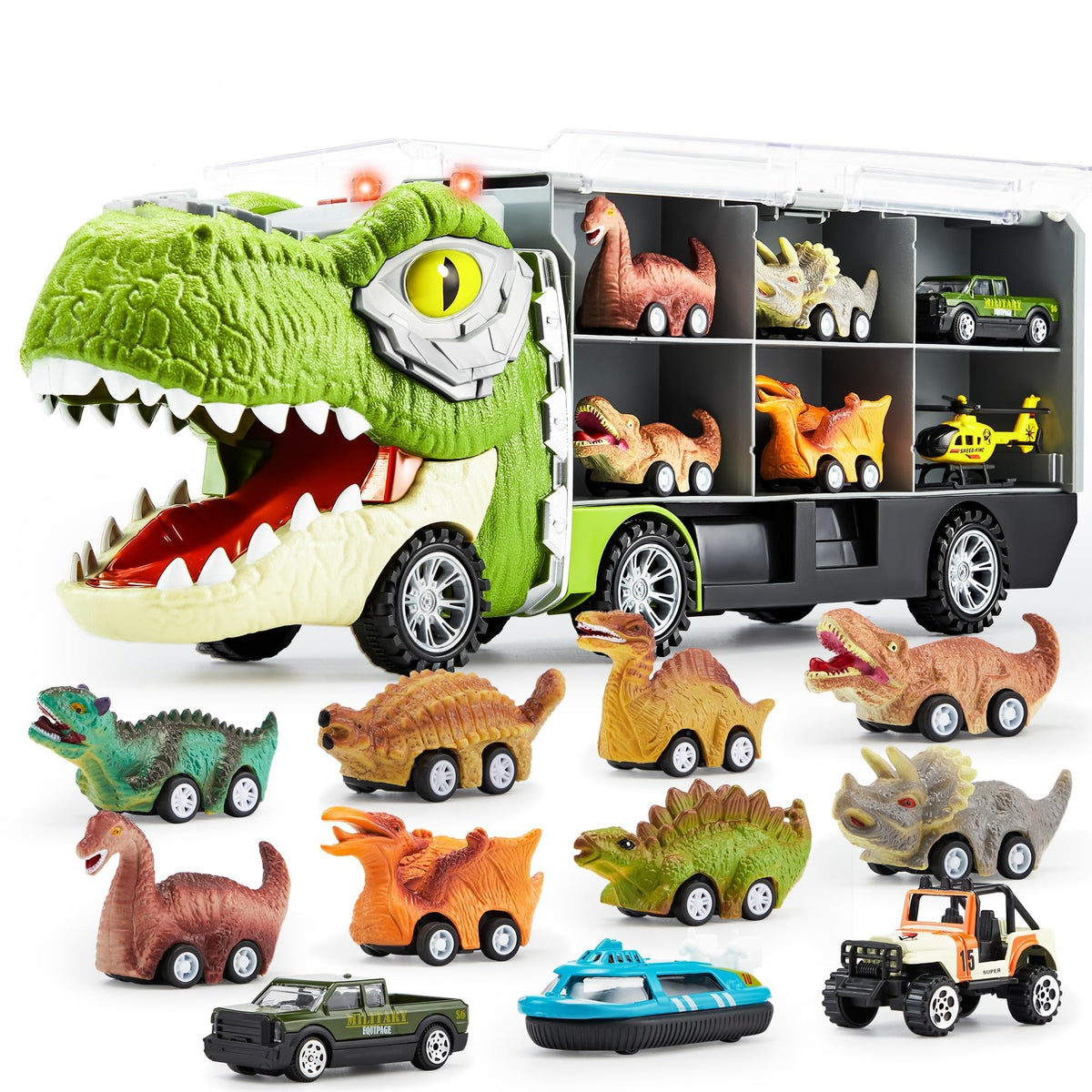 JOYIN 13-in-1 Dinosaur Truck with 12 Pull-Back Cars – Interactive Transport Carrier Toy for Kids 3-5