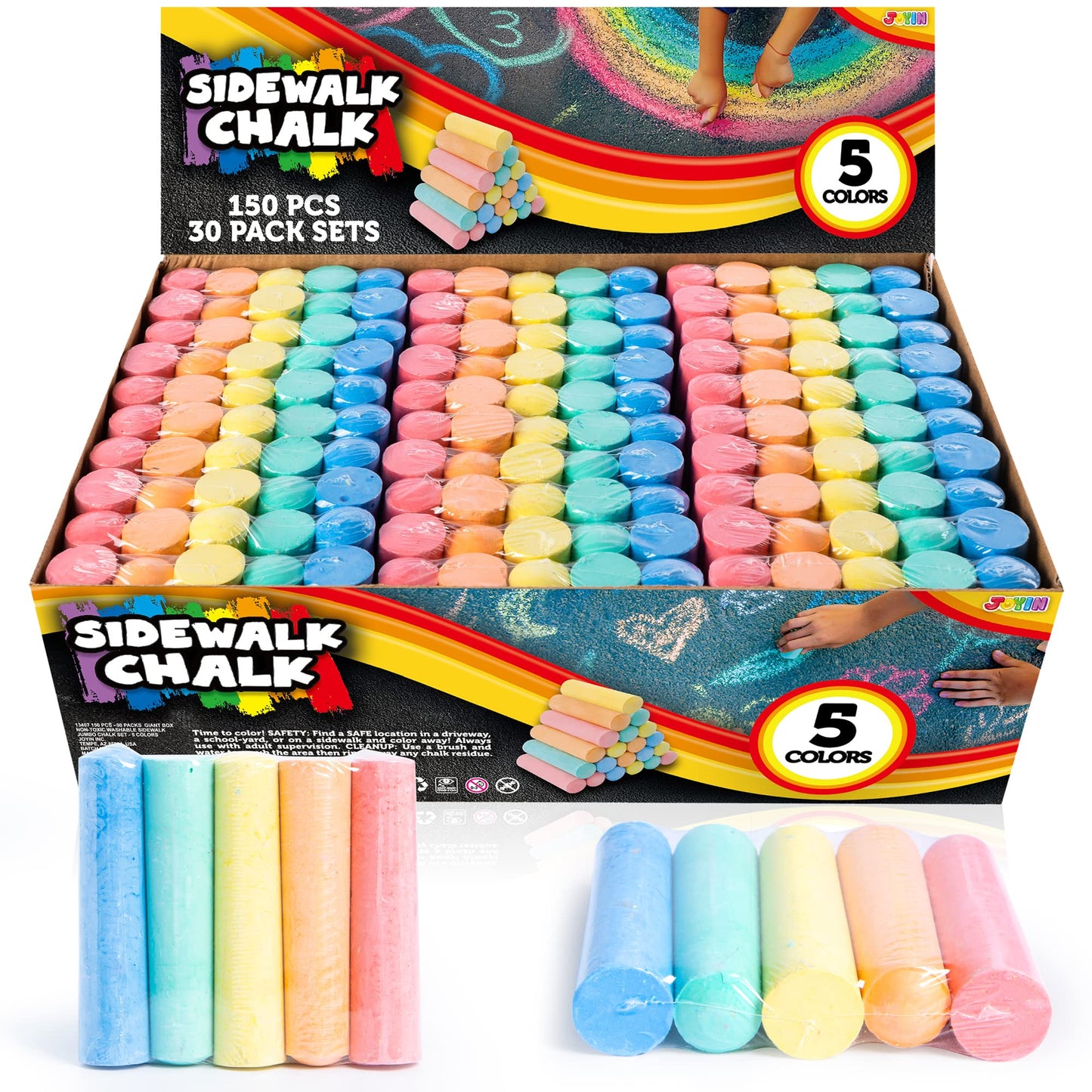 JOYIN 150 Pcs Sidewalk Chalk Set – 30 Packs, 5 Colors, Non-Toxic & Washable
