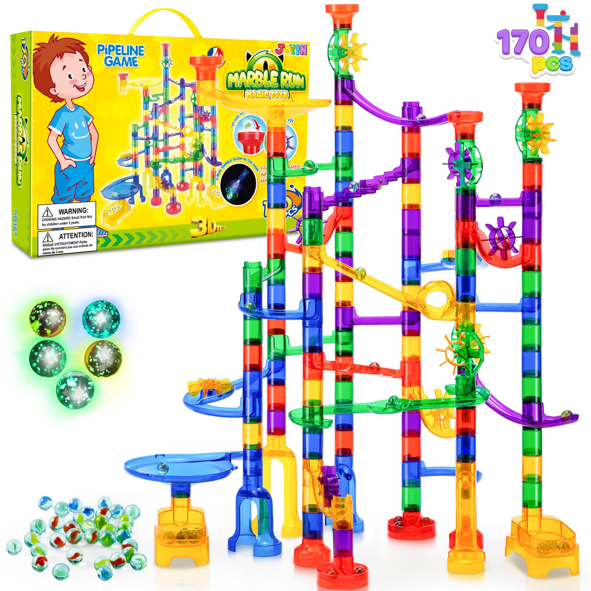JOYIN 170Pcs Glowing Marble Run Set | STEM Building Blocks & Glow-in-the-Dark Marbles