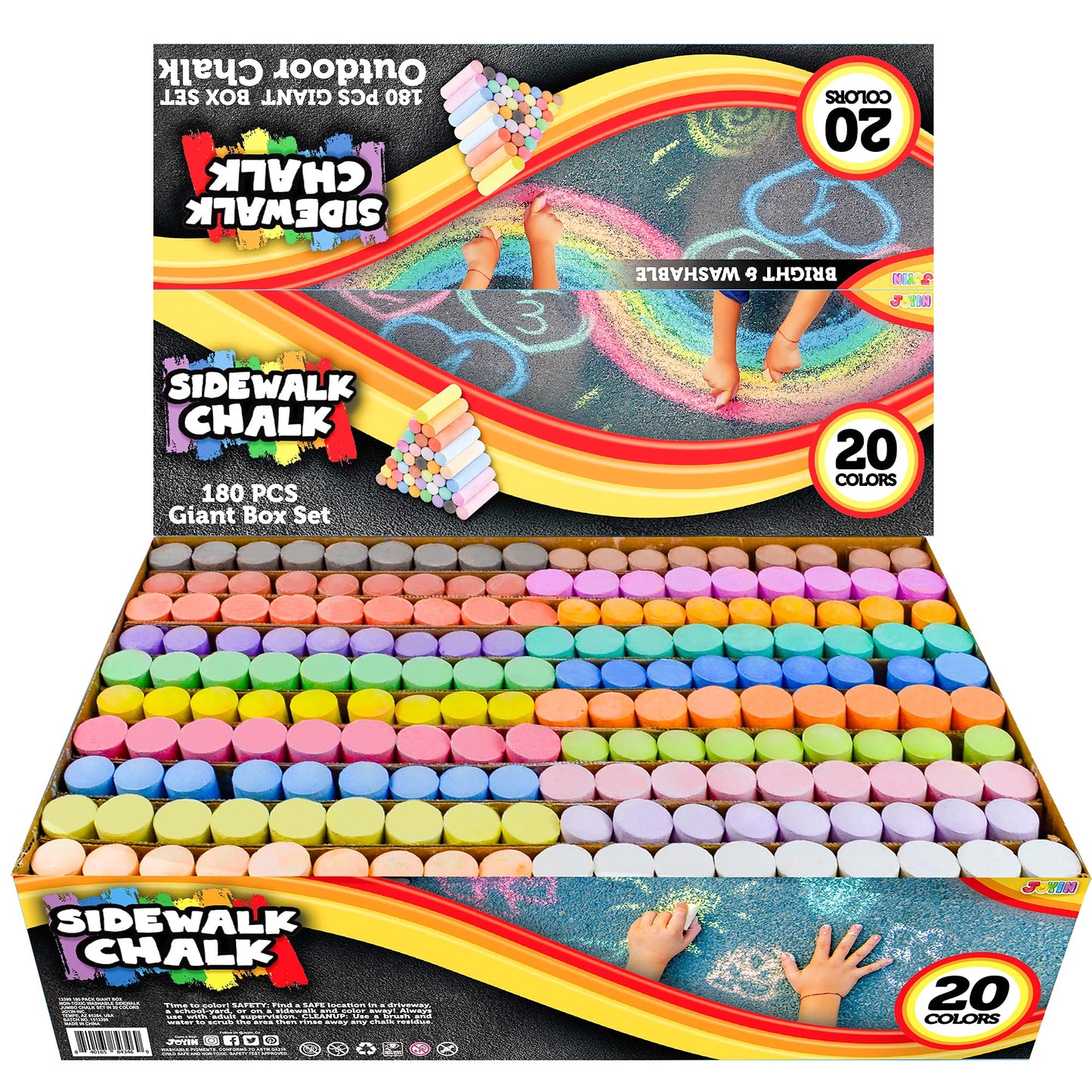 JOYIN 180 PCS Washable Sidewalk Chalks Set – 20 Colors, Non-Toxic, Jumbo Chalk for Outdoor Art