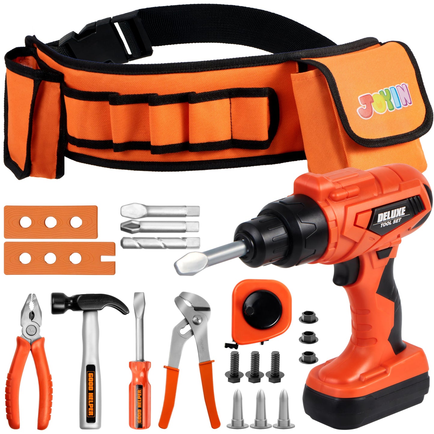 JOYIN 19Pcs Kids Tool Set with Belt & Realistic Drill – Pretend Play Construction Toy (Ages 3-7)