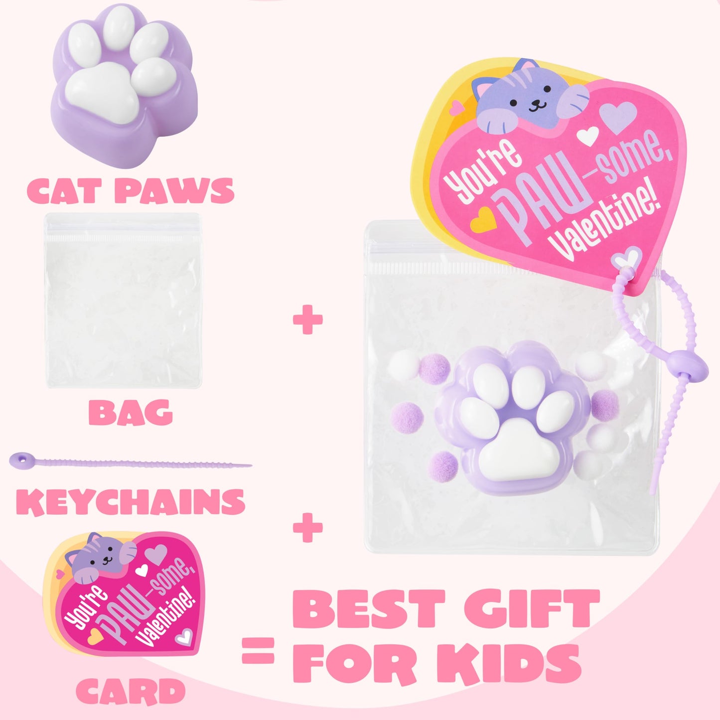 JOYIN 24-Pack Valentine's Cat Paw Fidget Toys with Cards & Keychains — 6 Colors