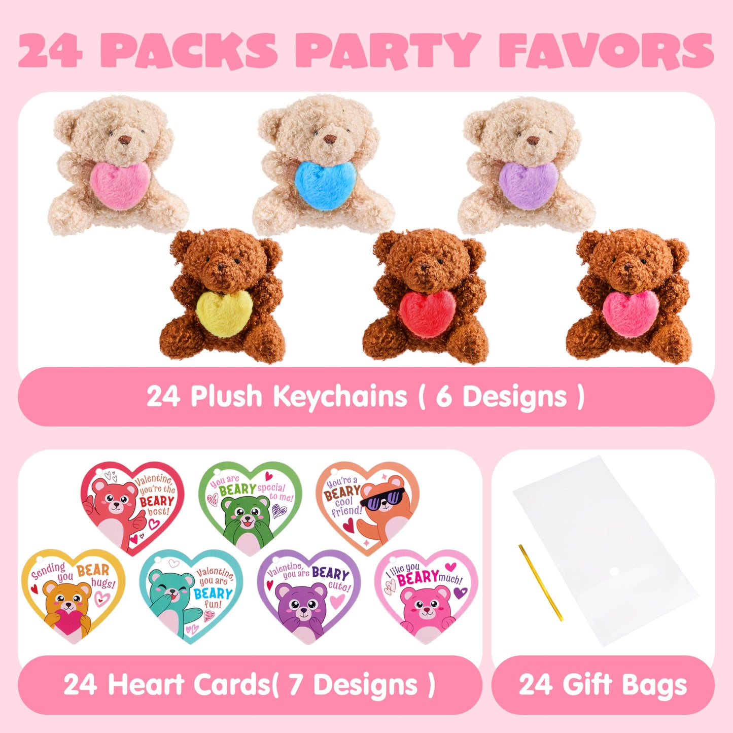 JOYIN 24 Pcs Valentine Bears with Hearts & Cards – Plush Toys for Kids