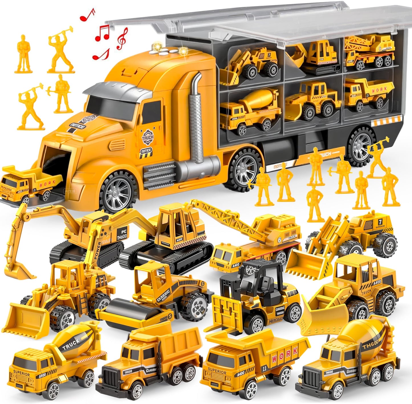 JOYIN 25-in-1 Kids Construction Truck Set – 24Pcs with Sounds & Lights, Carrier Truck, 12 Mini Vehicles & 12 Worker Figures