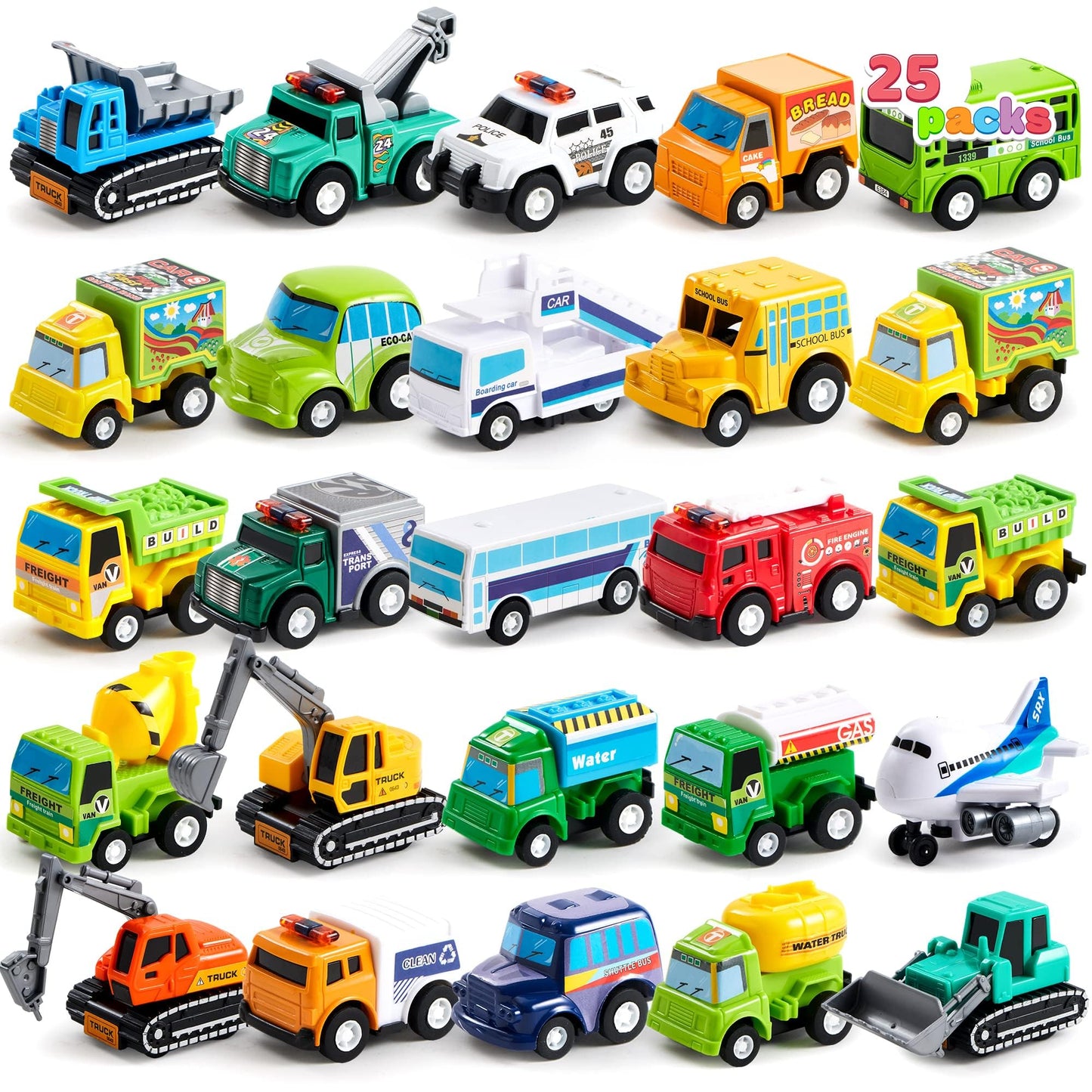 JOYIN 25-Piece Pull-Back Cars & Trucks Set for Kids – Friction-Powered Toys