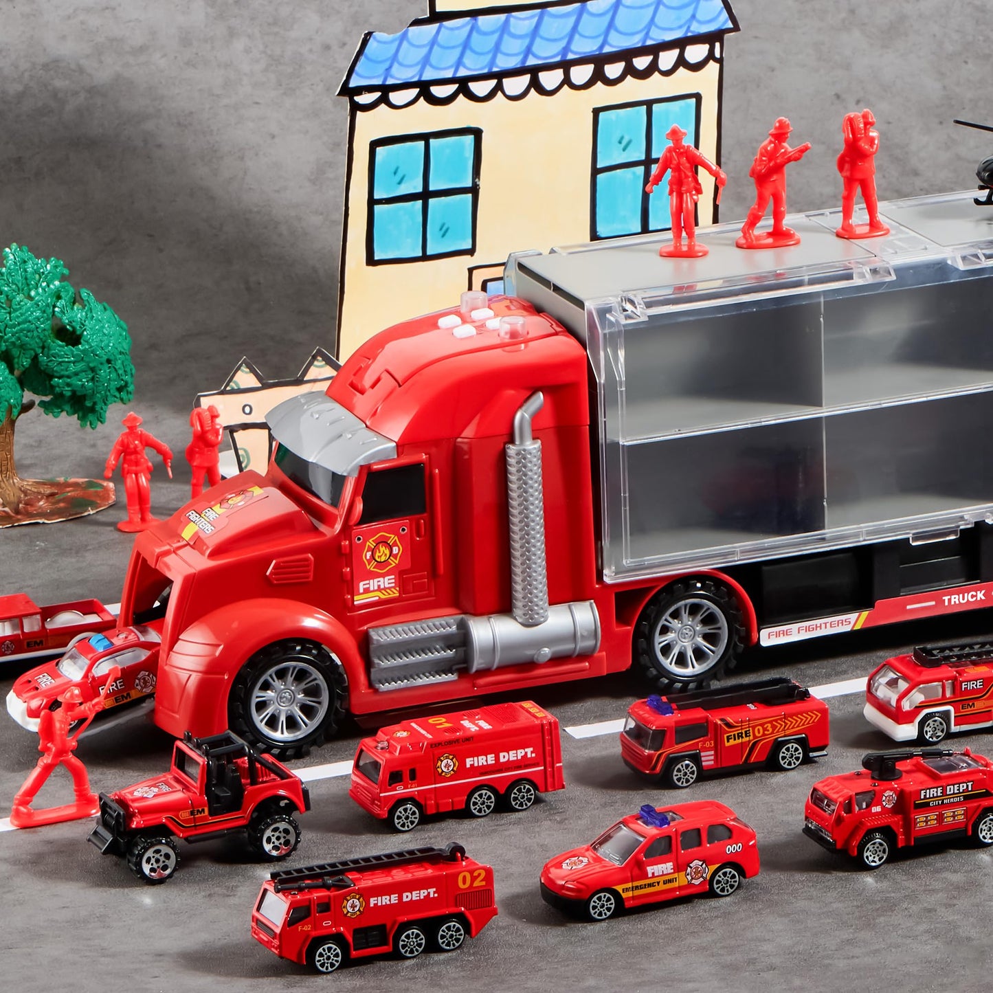 JOYIN 25-in-1 Fire Truck Set with Sounds & Lights – Carrier Truck & 12 Mini Fire Engines, Ages 3+