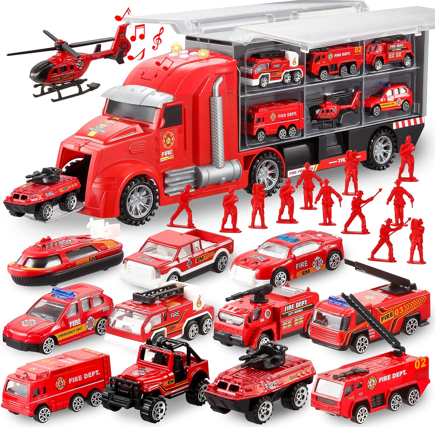 JOYIN 25-in-1 Fire Truck Set with Sounds & Lights – Carrier Truck & 12 Mini Fire Engines, Ages 3+