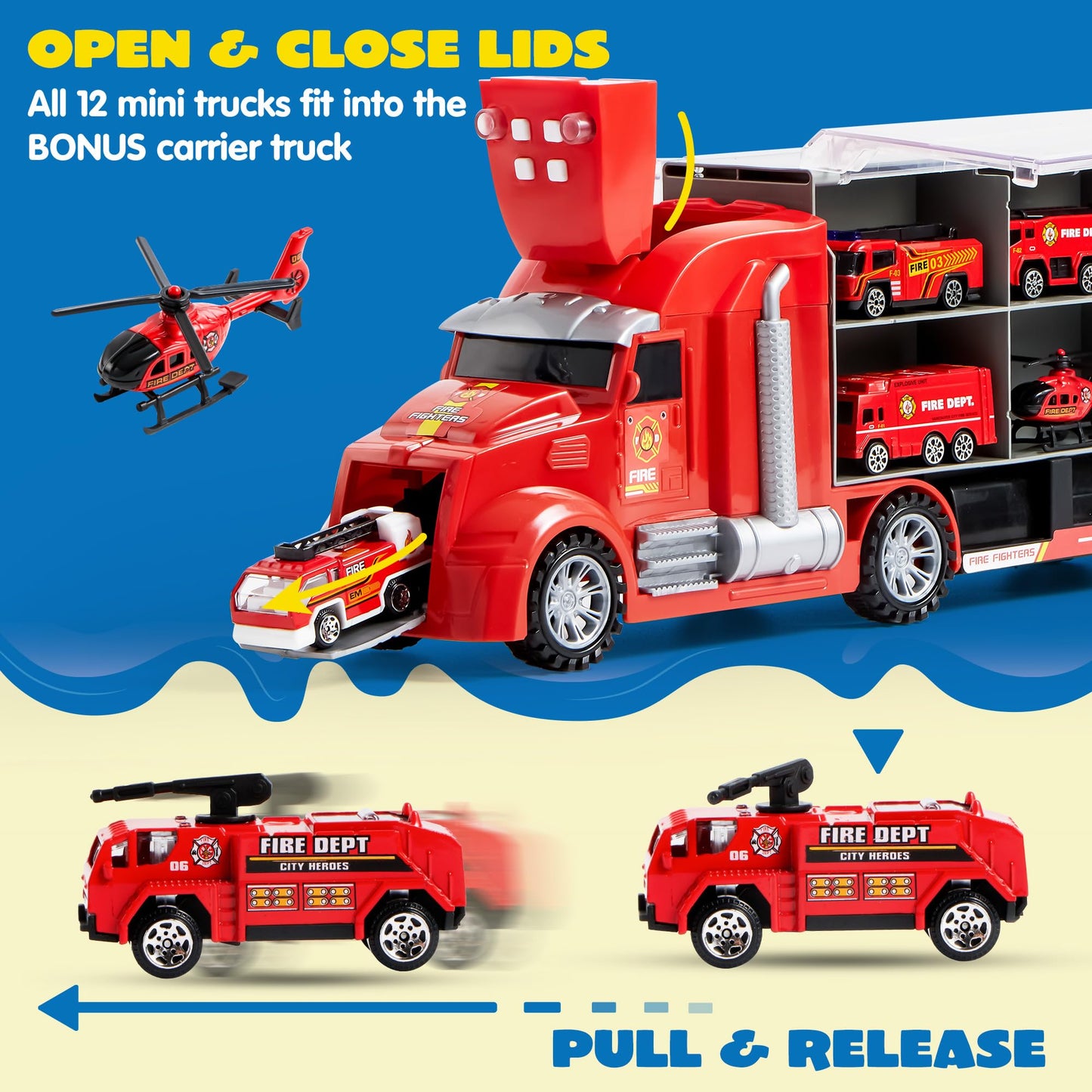 JOYIN 25-in-1 Fire Truck Set with Sounds & Lights – Carrier Truck & 12 Mini Fire Engines, Ages 3+
