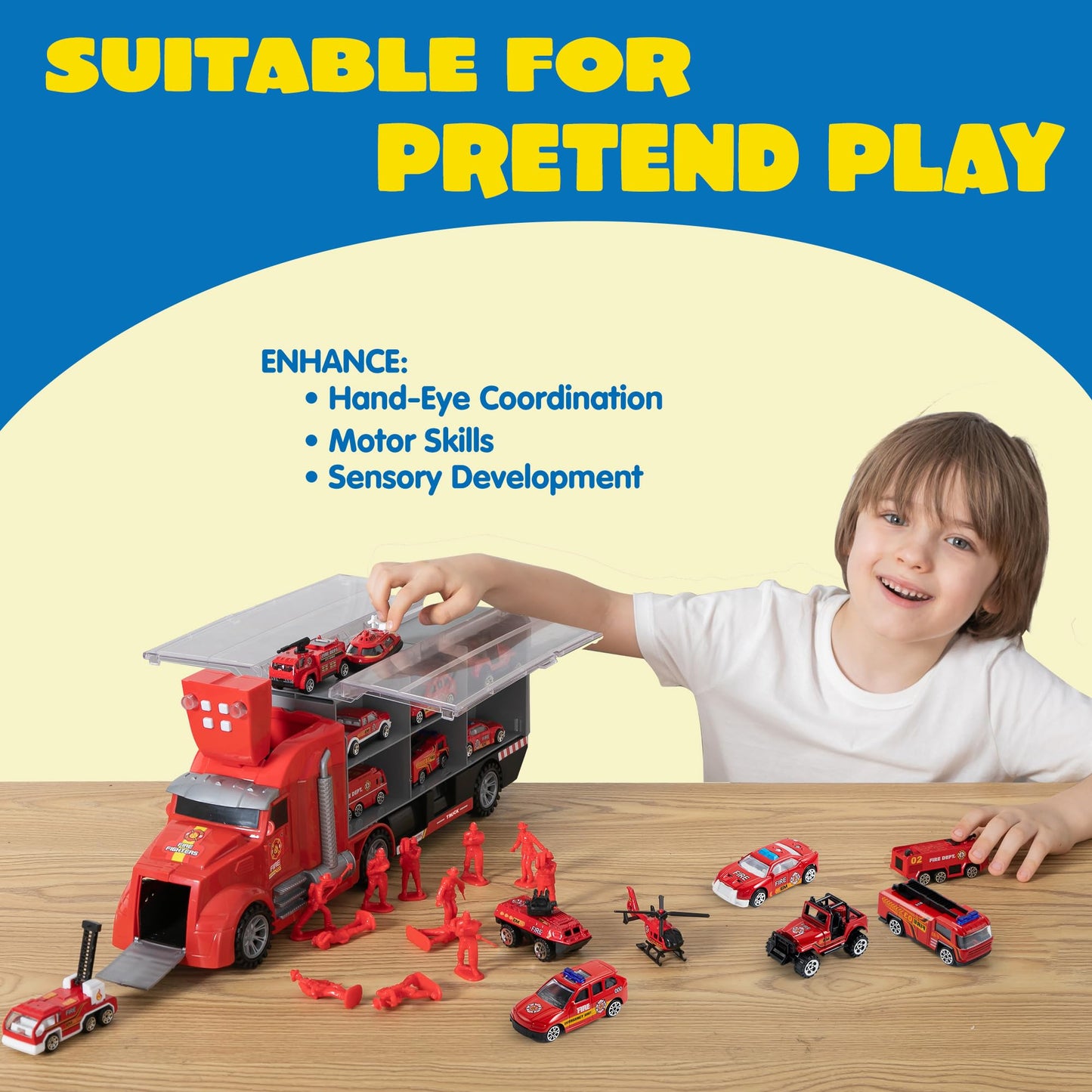 JOYIN 25-in-1 Fire Truck Set with Sounds & Lights – Carrier Truck & 12 Mini Fire Engines, Ages 3+