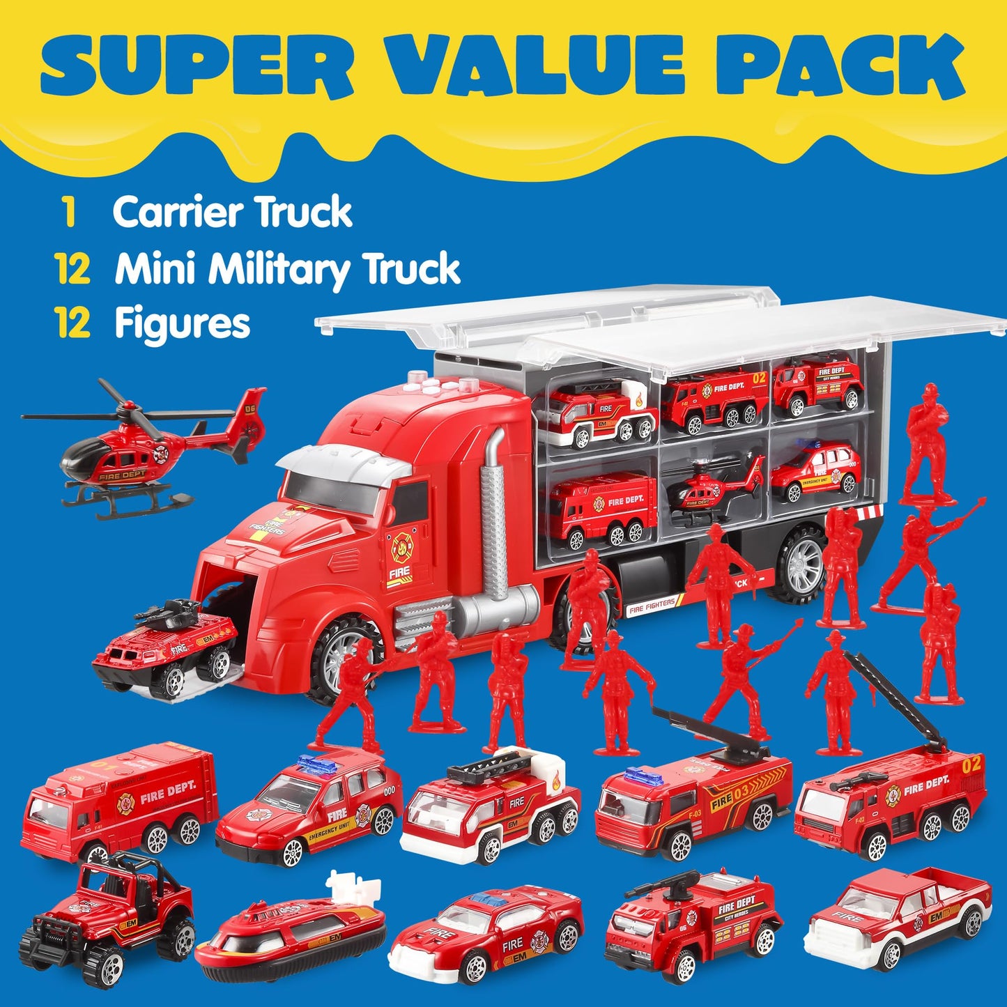 JOYIN 25-in-1 Fire Truck Set with Sounds & Lights – Carrier Truck & 12 Mini Fire Engines, Ages 3+