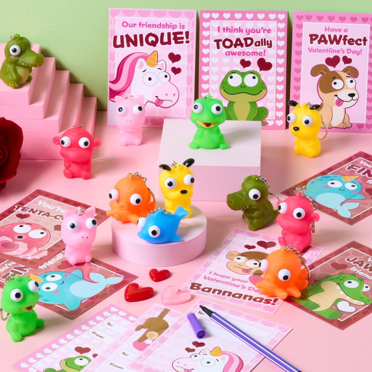 JOYIN 28 Pink Valentines Cards with Animal Popping Eyes Keychains – Gifts & Favors