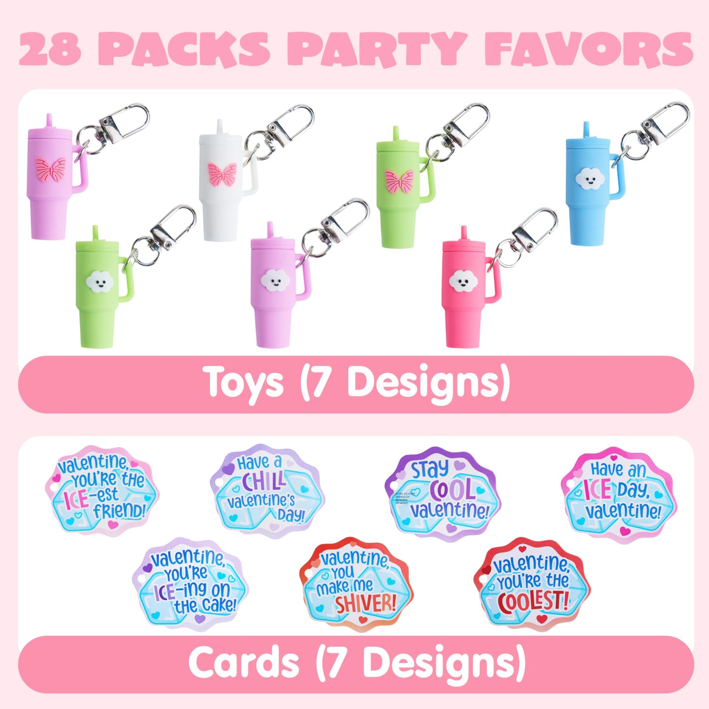 JOYIN 28-Pack Valentines Day Gifts for Kids Classroom — Cute Mini Tumbler Keychains with Cards