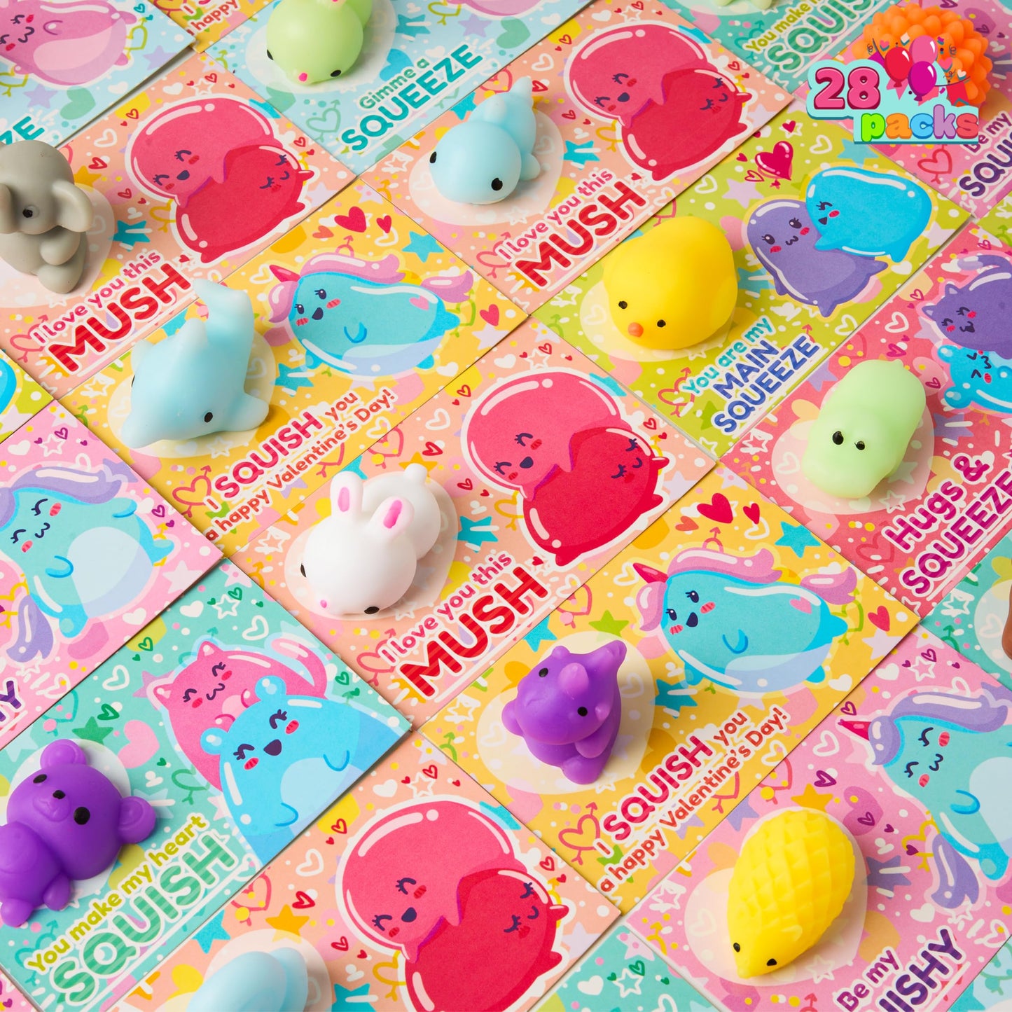 JOYIN 28-Pack Valentines Day Gifts for Kids – Kawaii Mochi Squishy Toys & Card Set