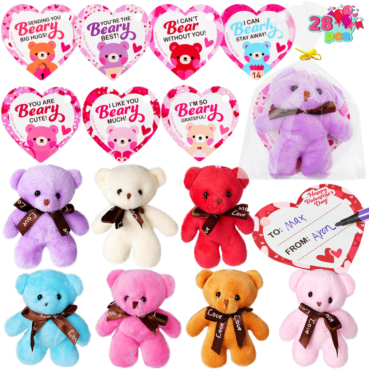 JOYIN 28-Pack Valentines Mini Plush with Heart Cards – Classroom Gifts & Party Favors
