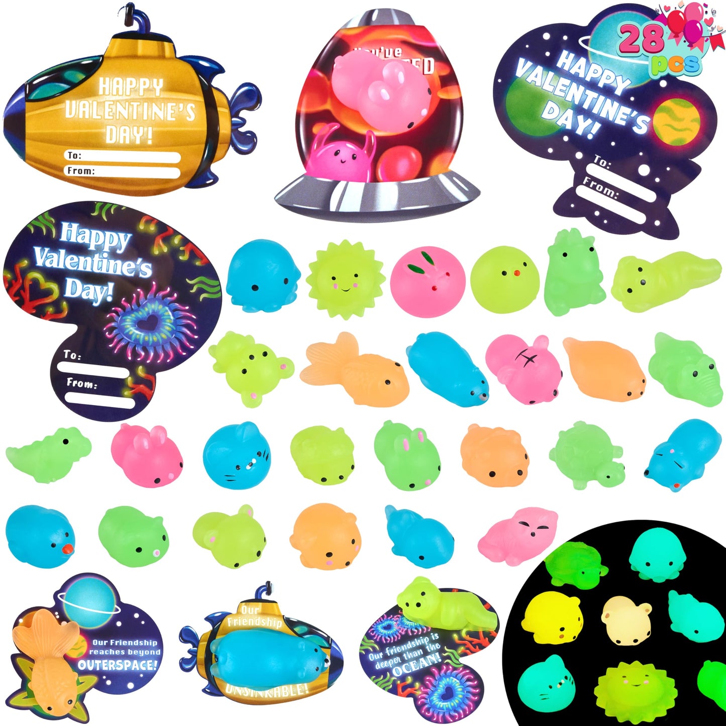 JOYIN 28-Pack Valentines Day Gift Cards with Glow-in-the-Dark Mochi Squishy Toys – Fidget Toys for Kids, Classroom Prizes & Party Favors