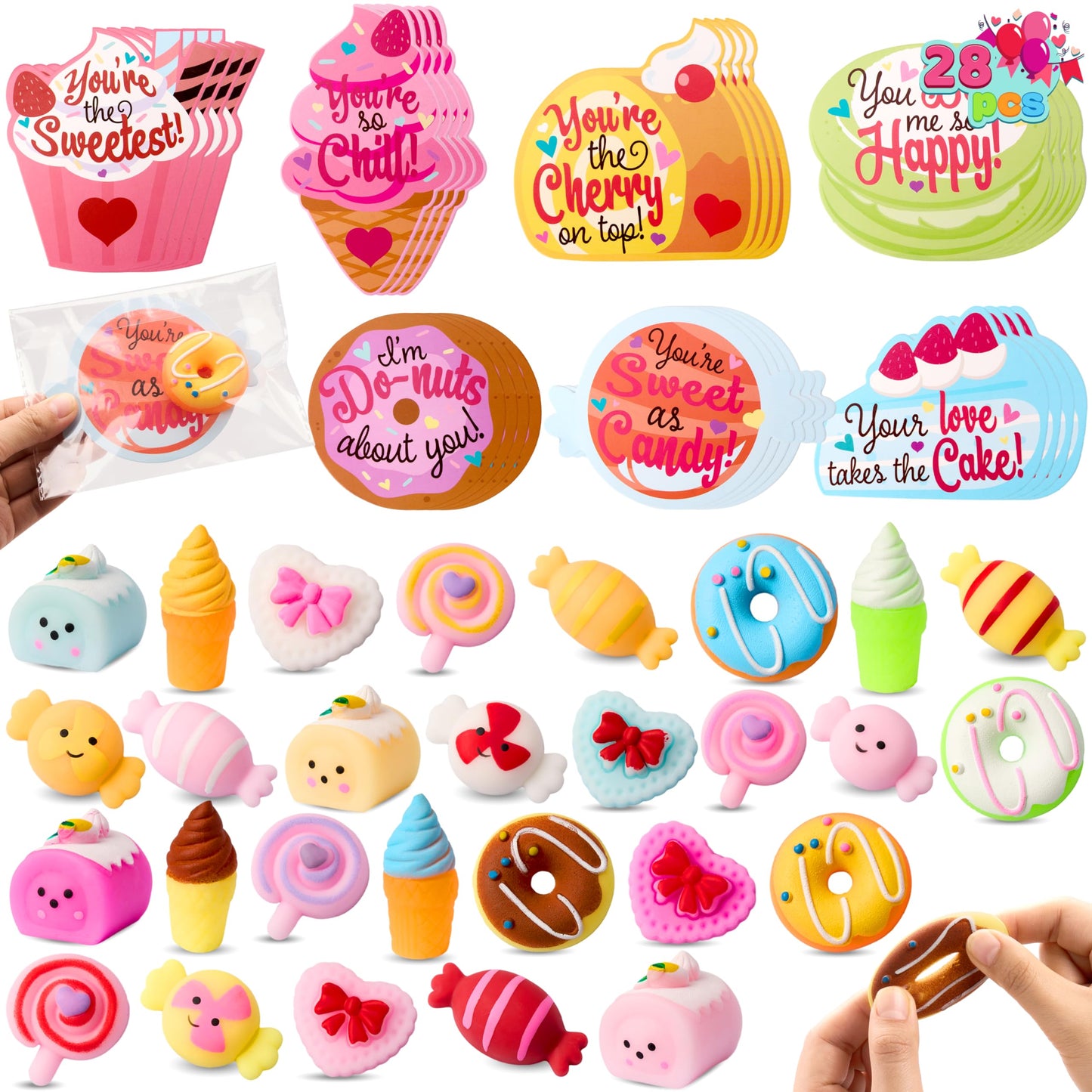 JOYIN 28 Packs Valentine’s Day Gift Cards with Candy Mochi Squishy Toys | Stress Relief Fidget & Classroom Rewards