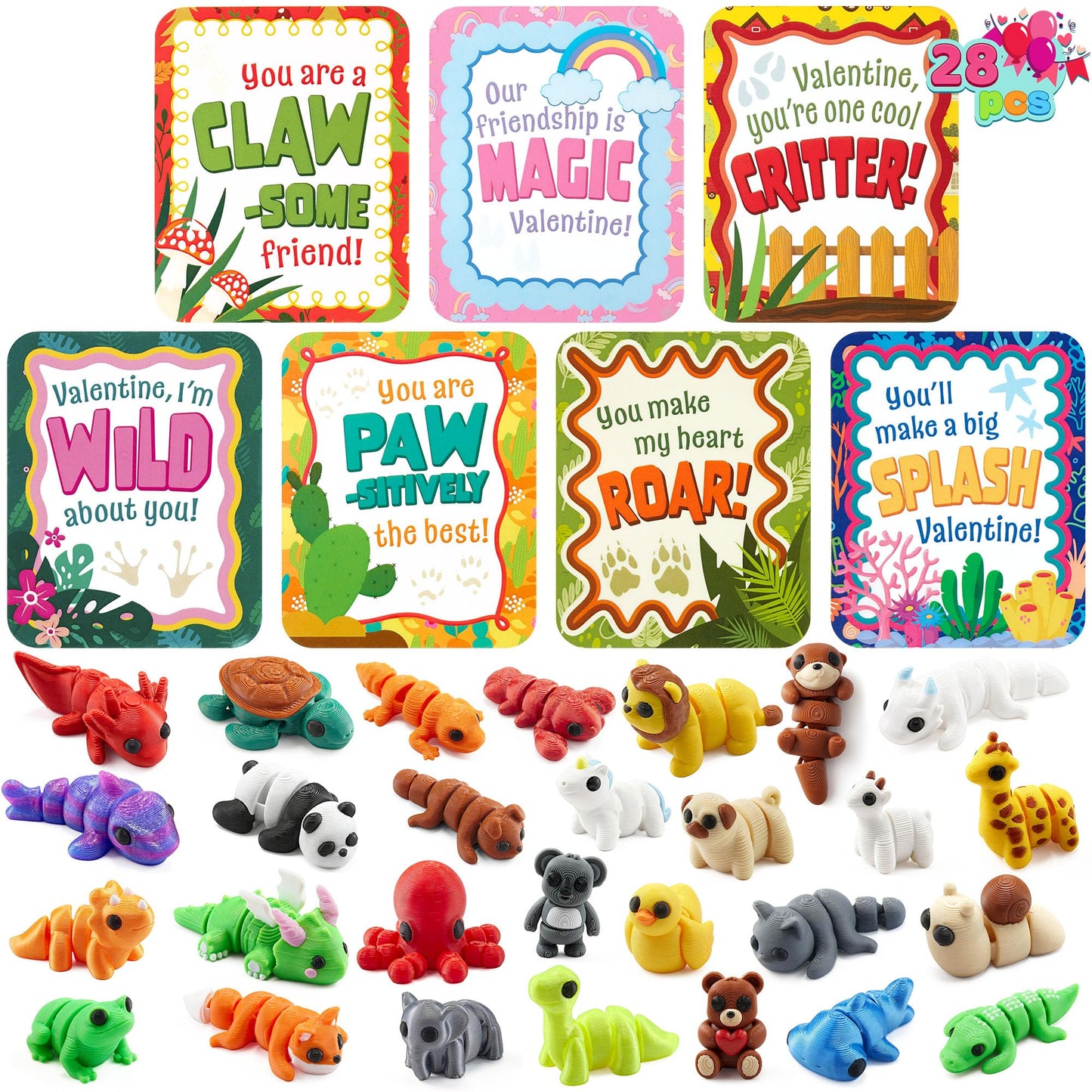 JOYIN 28 Pcs 3D Printed Mini Animals with Valentine Cards | Fidget Toys & Classroom Gifts