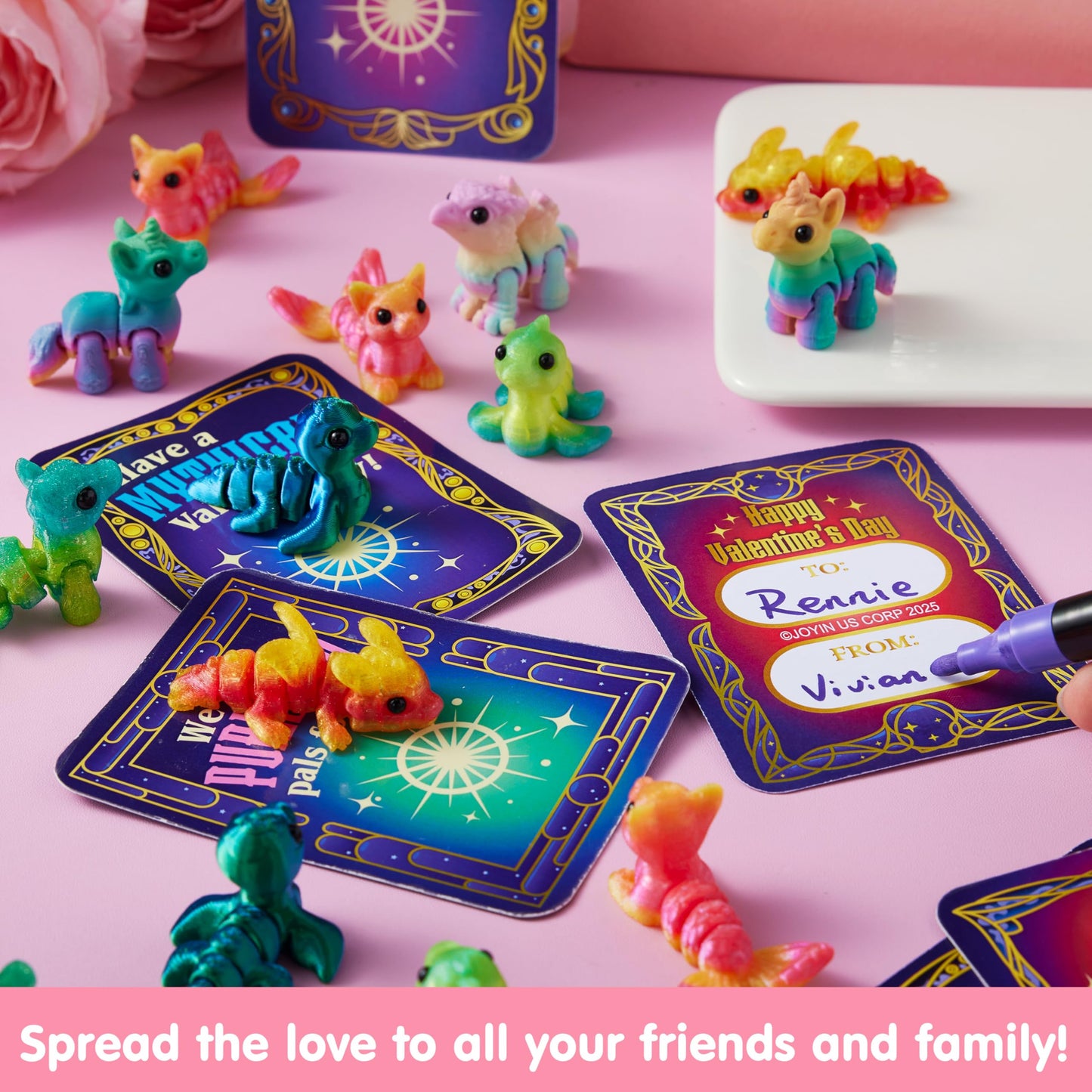 JOYIN 28 Pcs Valentines Day Cards + 3D Printed Mythical Creature Toys | Classroom Gifts & Party Favors