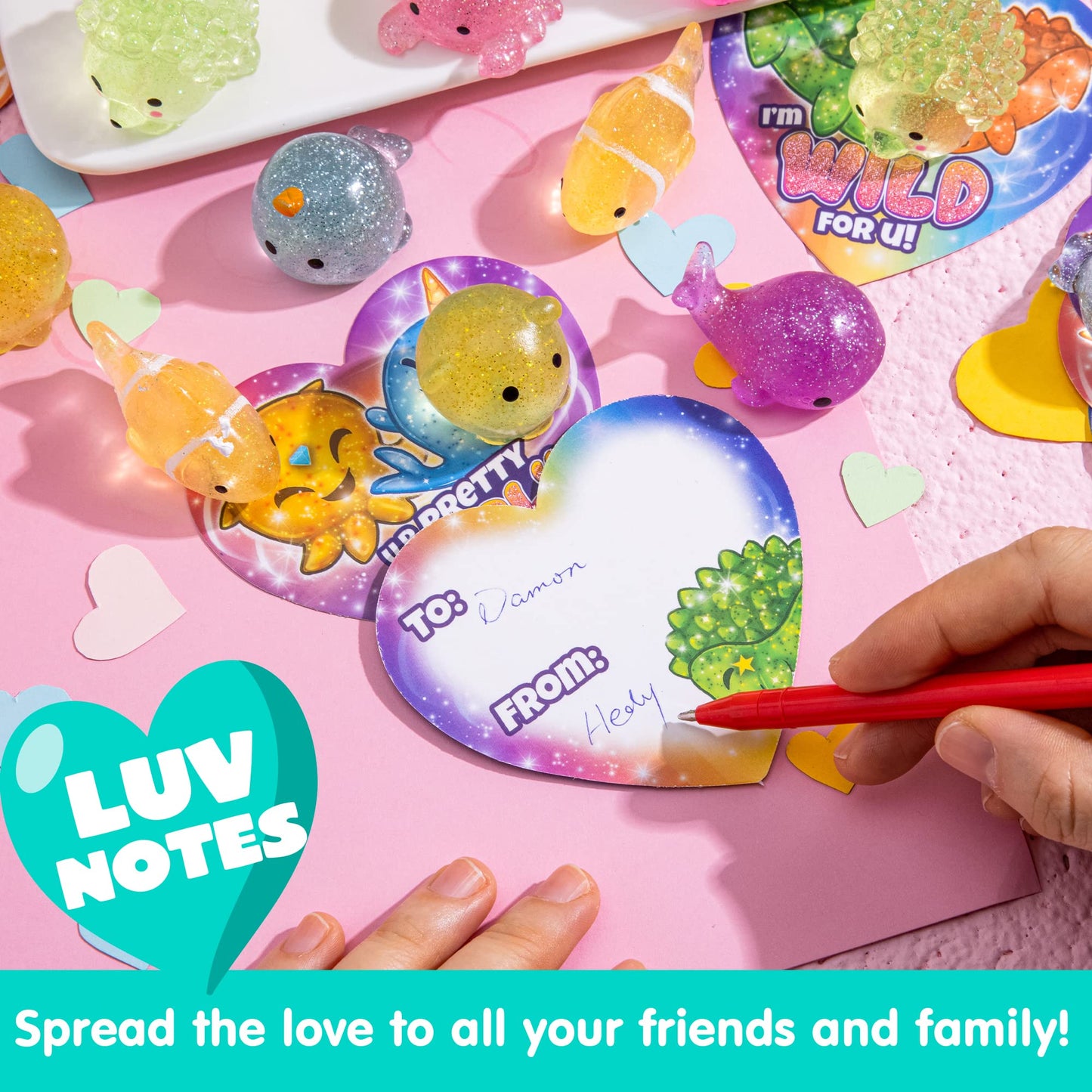 JOYIN 28-Pack Valentine Gift Cards with Glitter Mochi Squishy Toys — Sea Animals