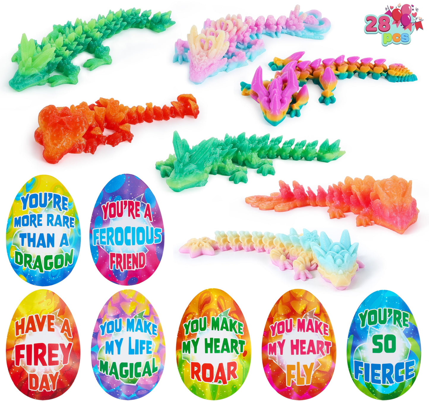 JOYIN 28pc 3D Printed Dragon Fidget Toys with Valentine Cards | Classroom Exchange Gifts