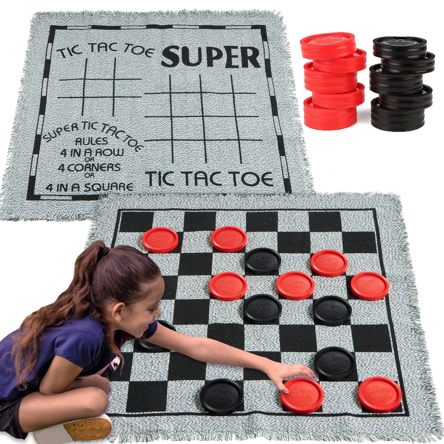 JOYIN 3-in-1 Vintage Giant Checkers & Tic Tac Toe Set – Indoor & Outdoor Family Game