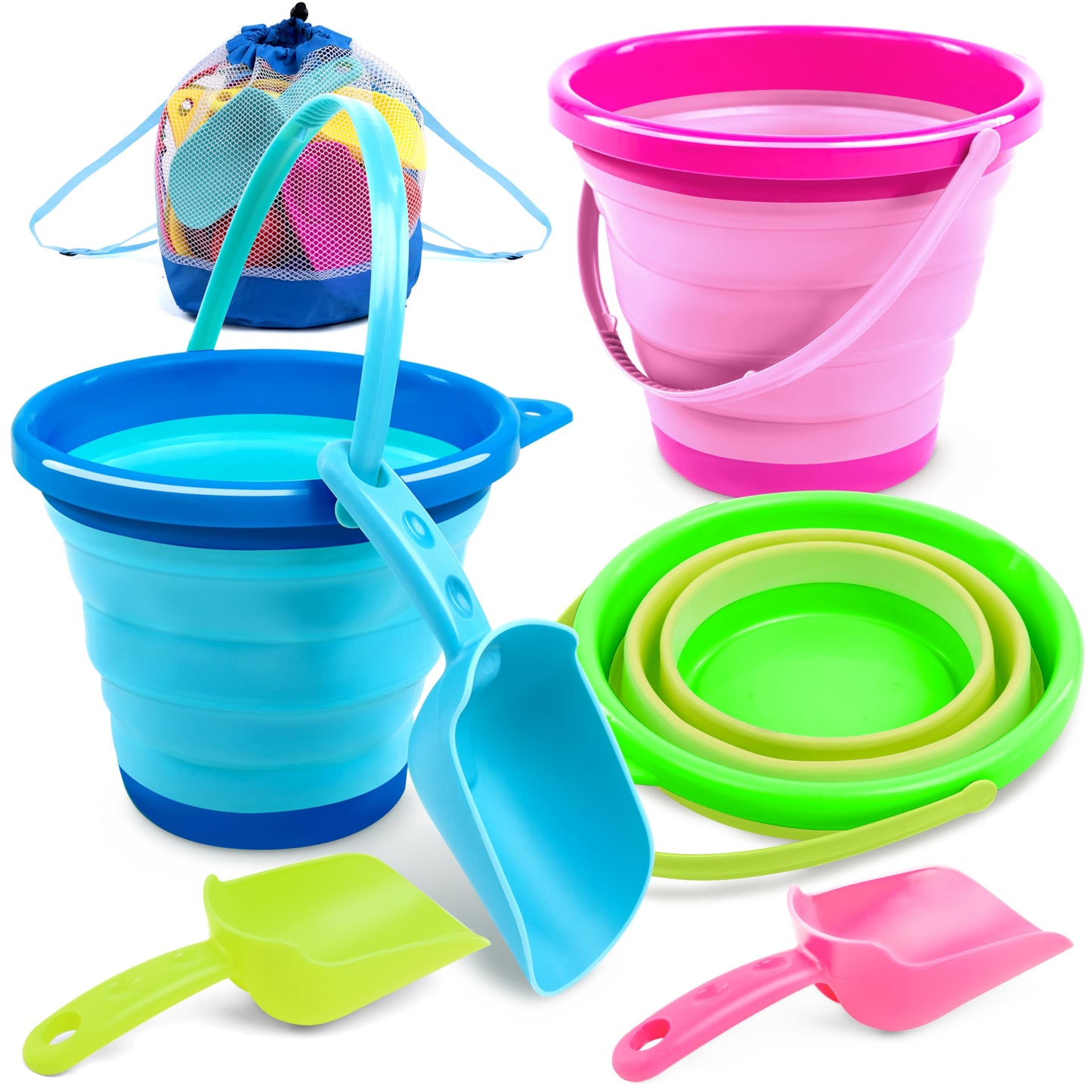 JOYIN 3-Pack Foldable Pail Buckets with Shovels & Mesh Bag – Collapsible Beach Toys