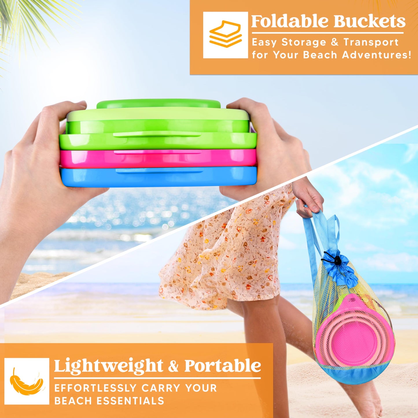 JOYIN 3-Pack Foldable Pail Buckets with Shovels & Mesh Bag – Collapsible Beach Toys