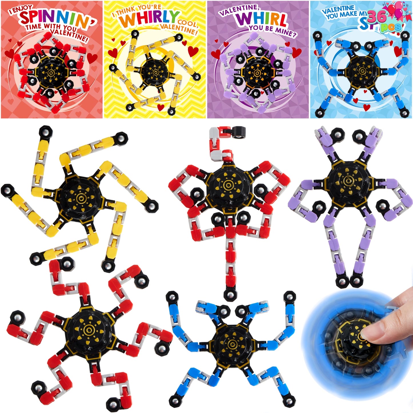 JOYIN 36-Pack Valentine's Gift Cards with Fidget Spinners – Deformable DIY Spinners for Kids