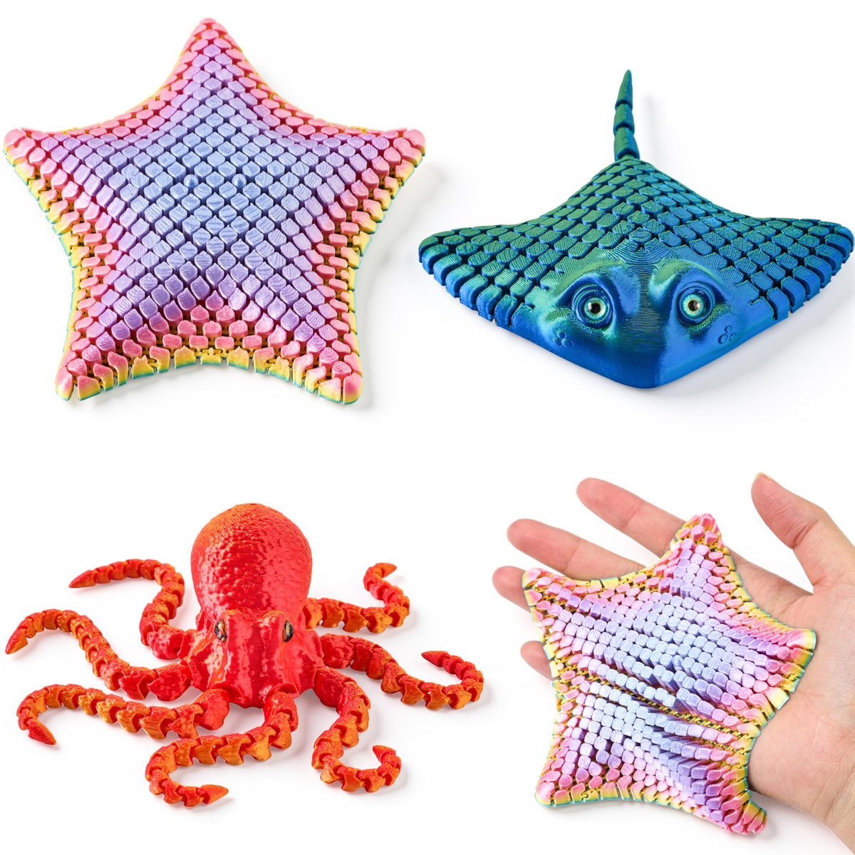 JOYIN 3 Pcs 3D Printed Fidget Toys — Articulated Octopus, Ray & Starfish for Stress Relief & Desk Decor