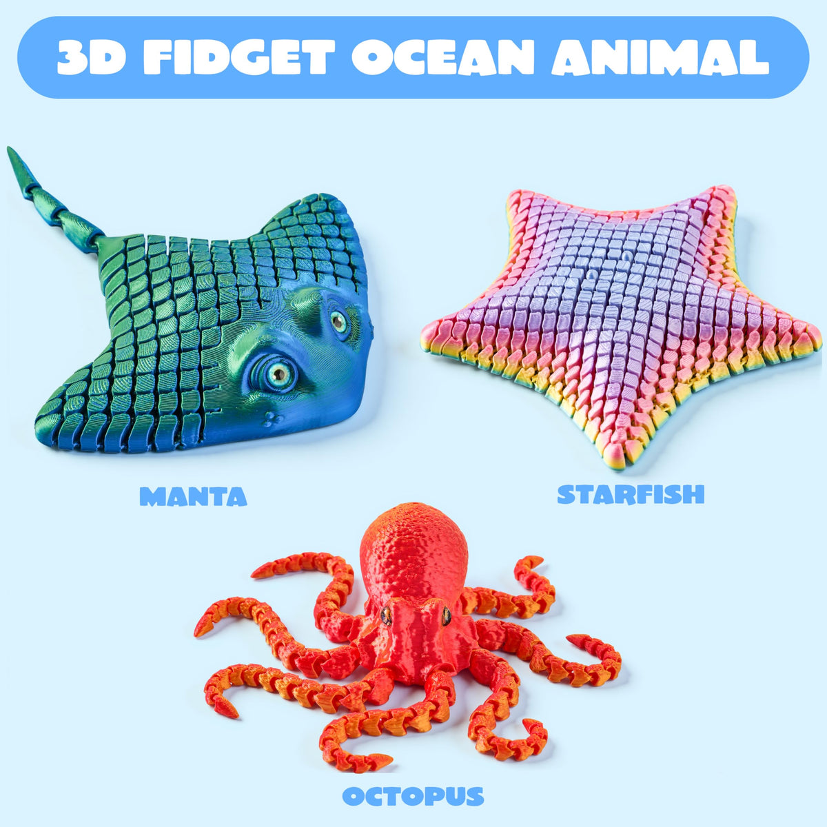 JOYIN 3 Pcs 3D Printed Fidget Toys — Articulated Octopus, Ray & Starfish for Stress Relief & Desk Decor